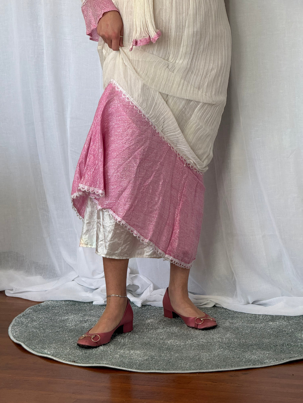 🌸 vintage pink & cream smocked maxi dress + scarf