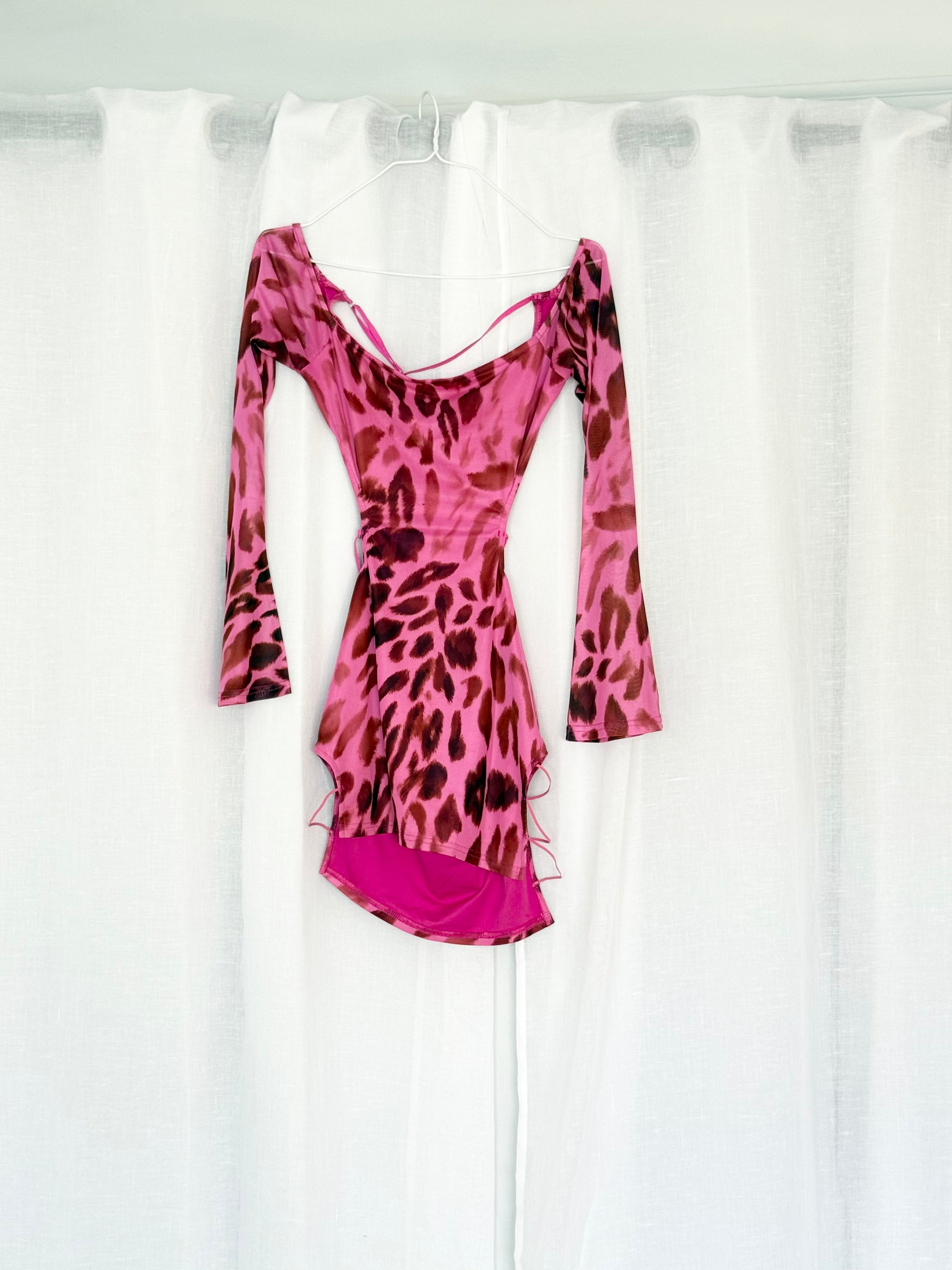 Y2K pink leopard mesh cutout mini dress