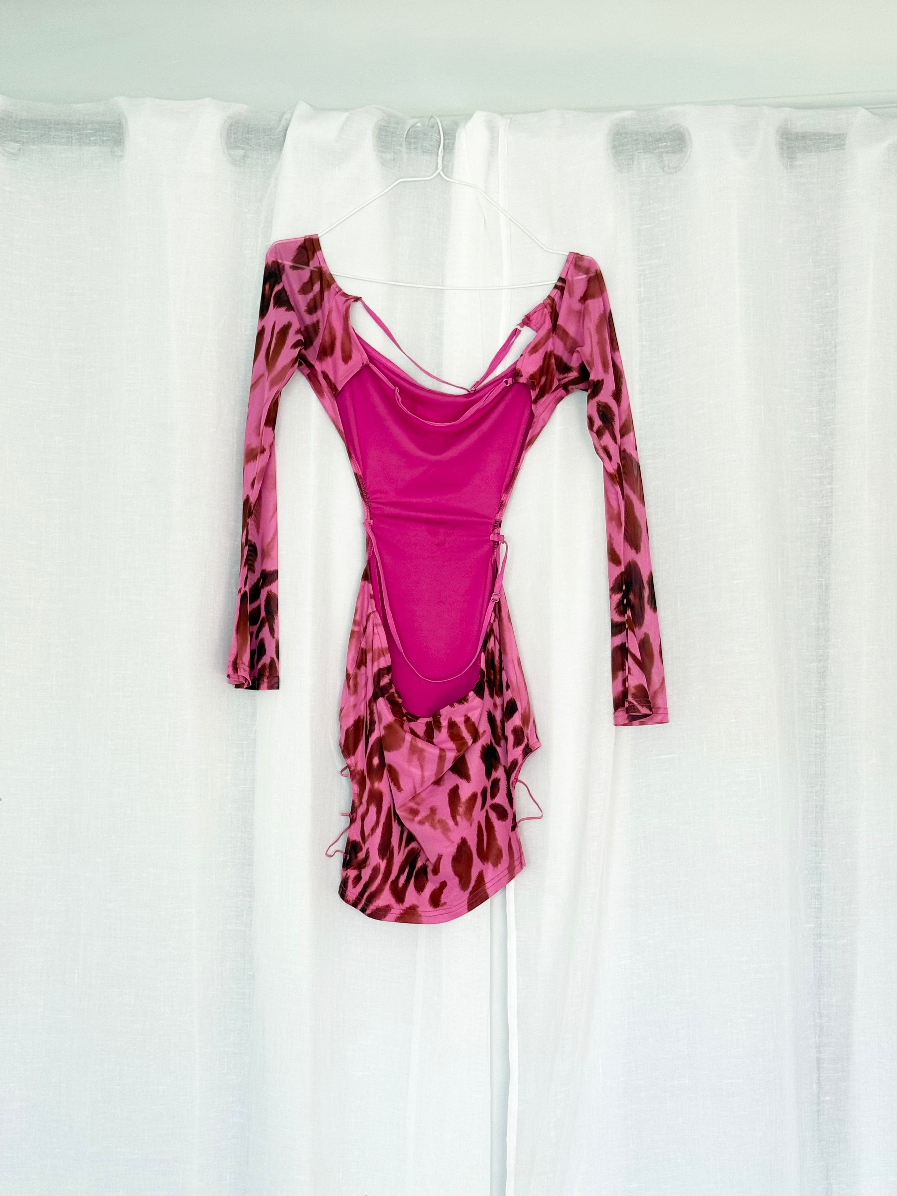 Y2K pink leopard mesh cutout mini dress