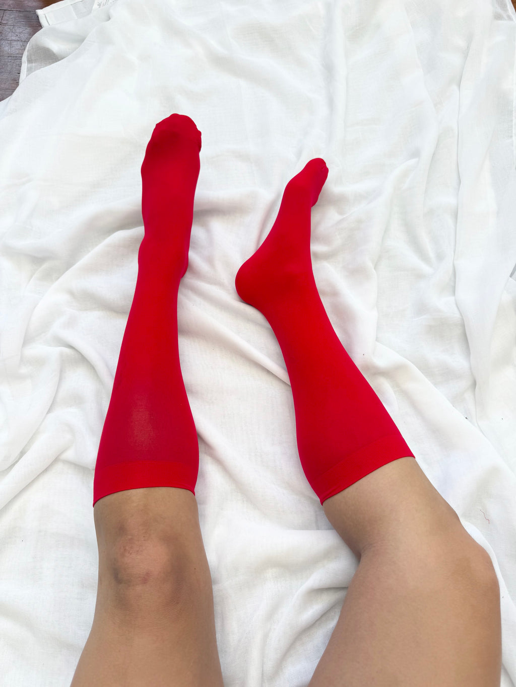 ✿ cherry red sheer knee high socks •