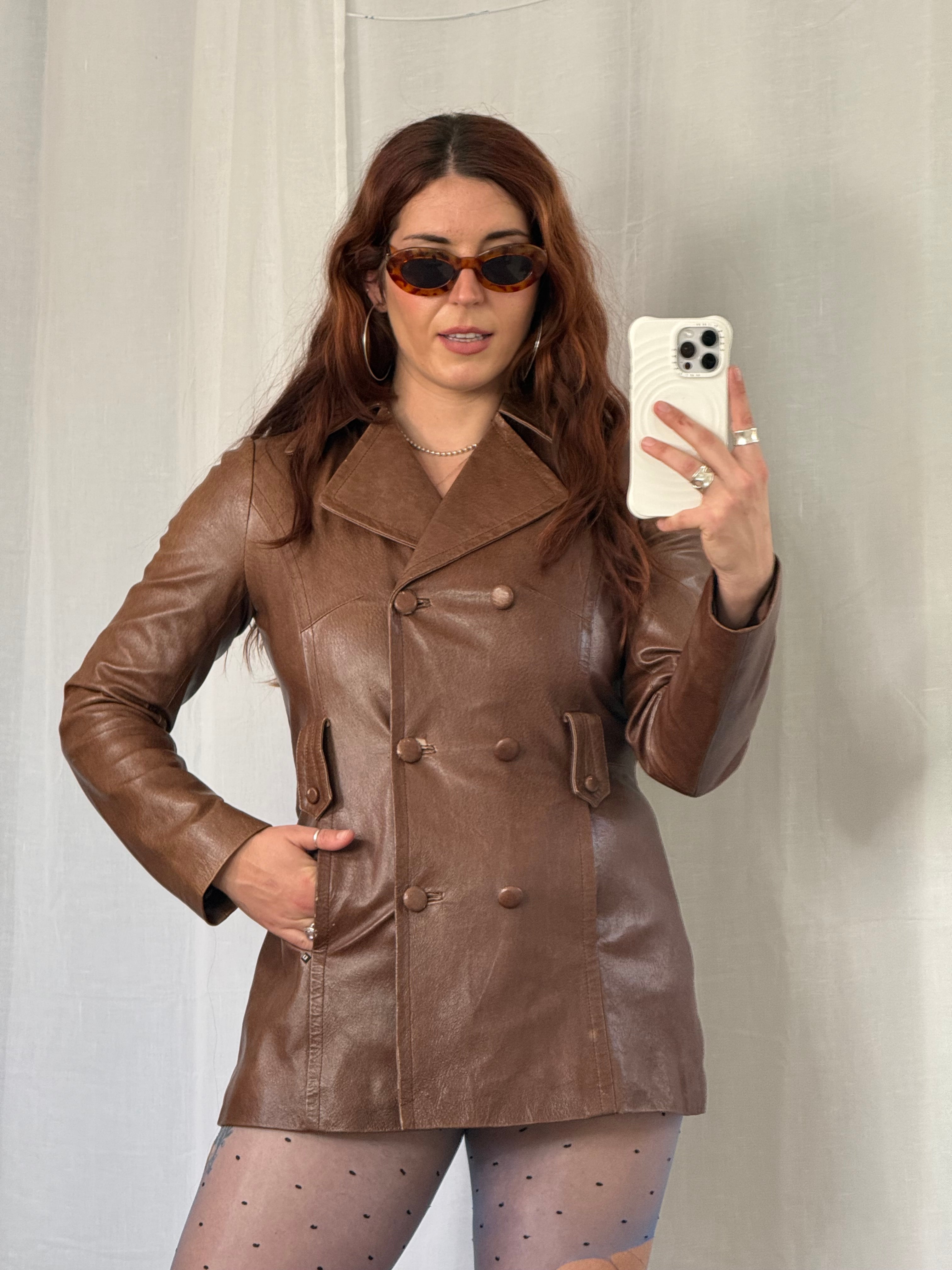 vintage Y2K brown faux leather peacoat jacket