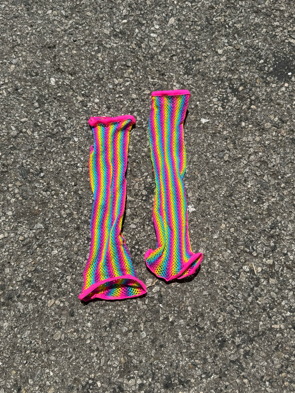 rainbow neon mesh arm warmers