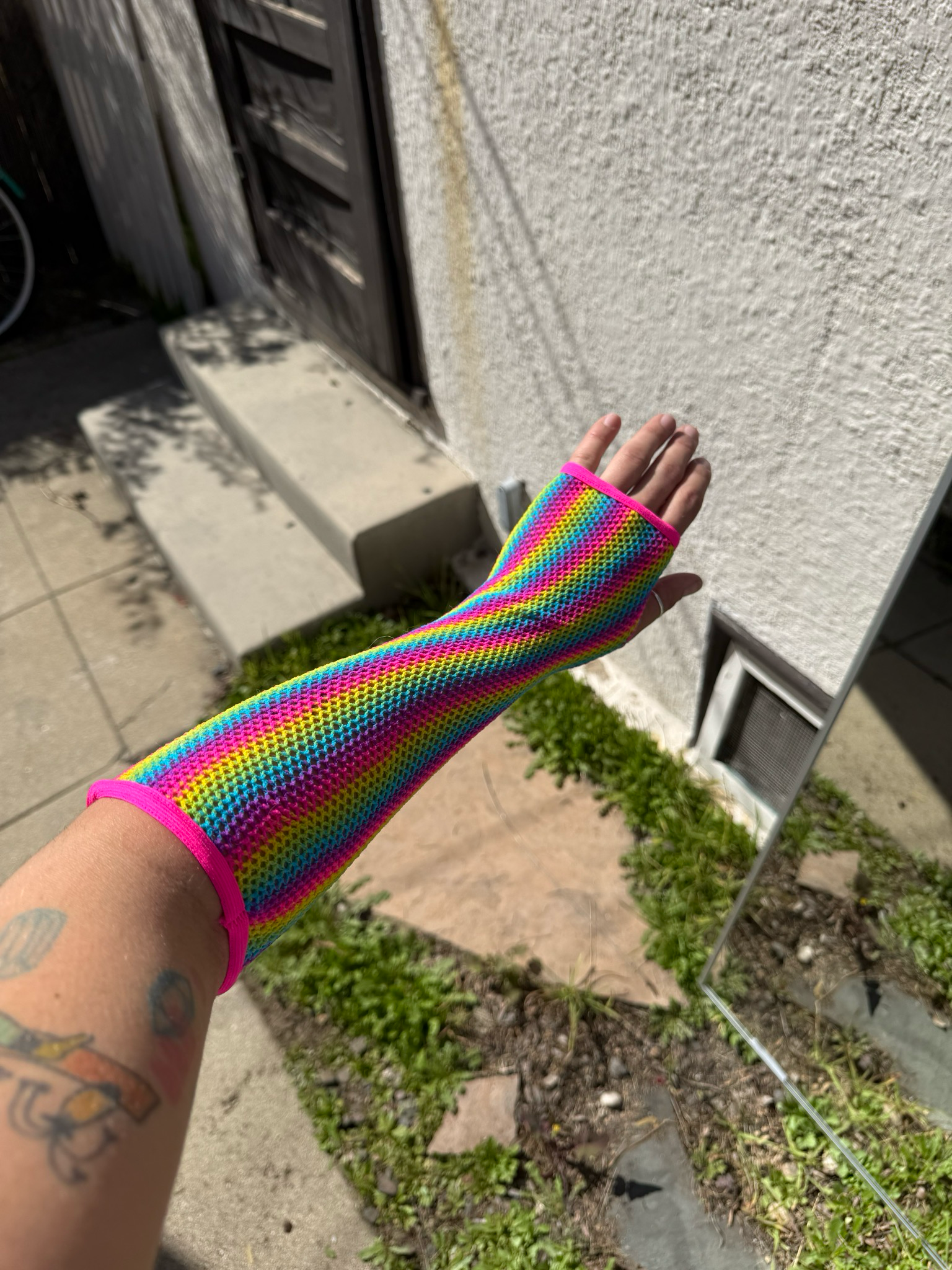 rainbow neon mesh arm warmers