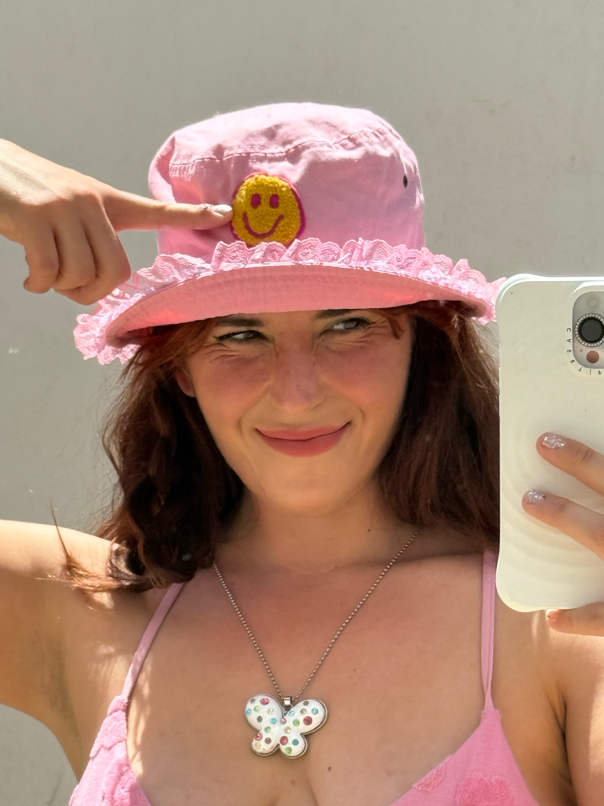pink denim bucket hat