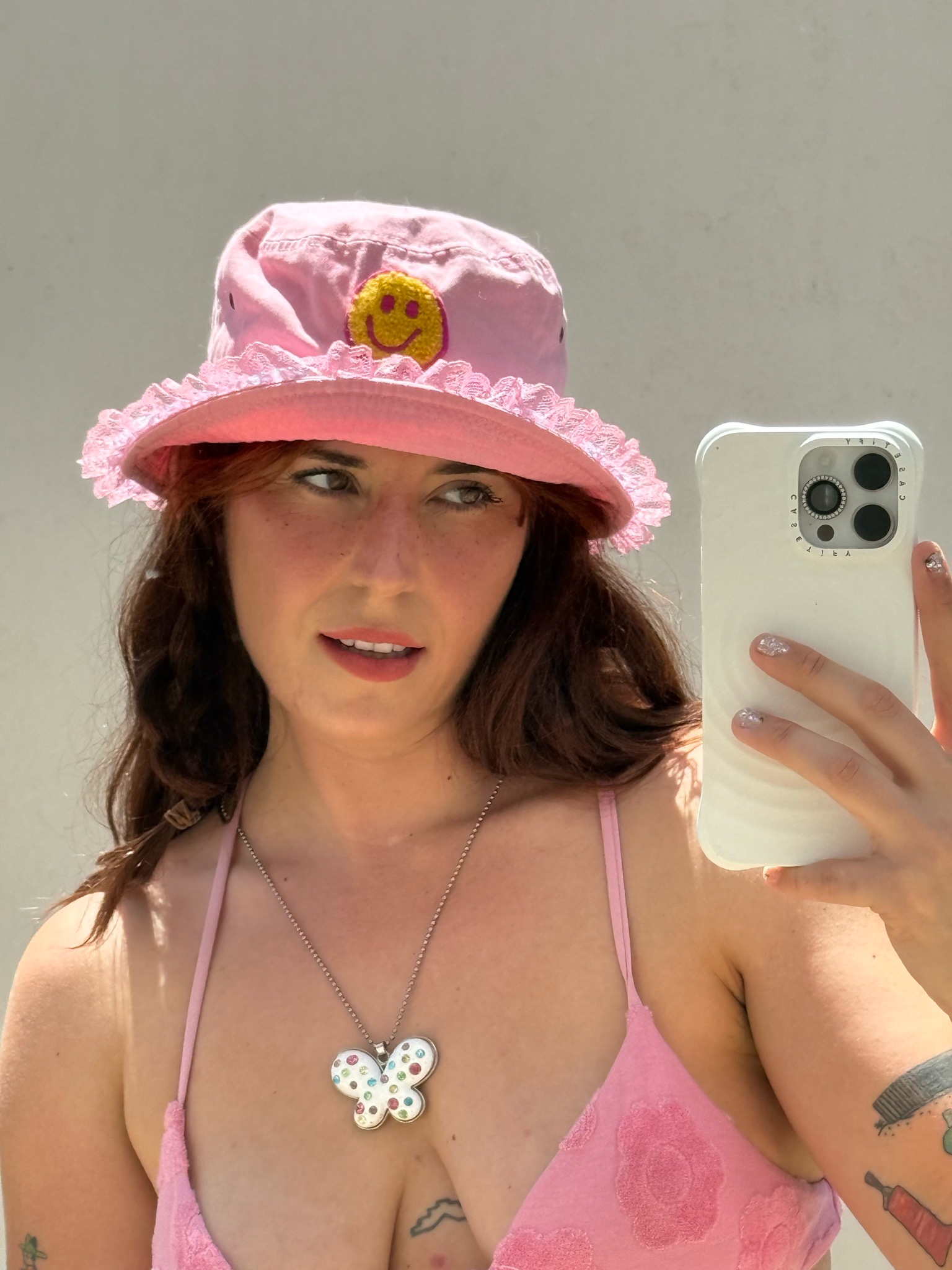 pink denim bucket hat