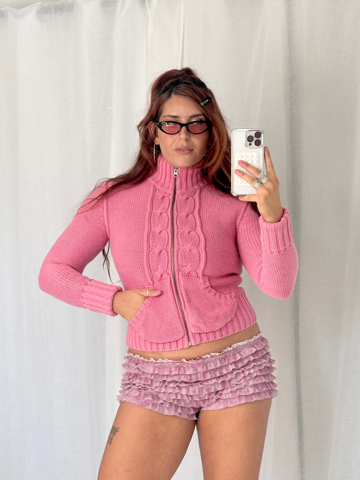 ✧ ✩ pink cable knit zip sweater ✩ ✧