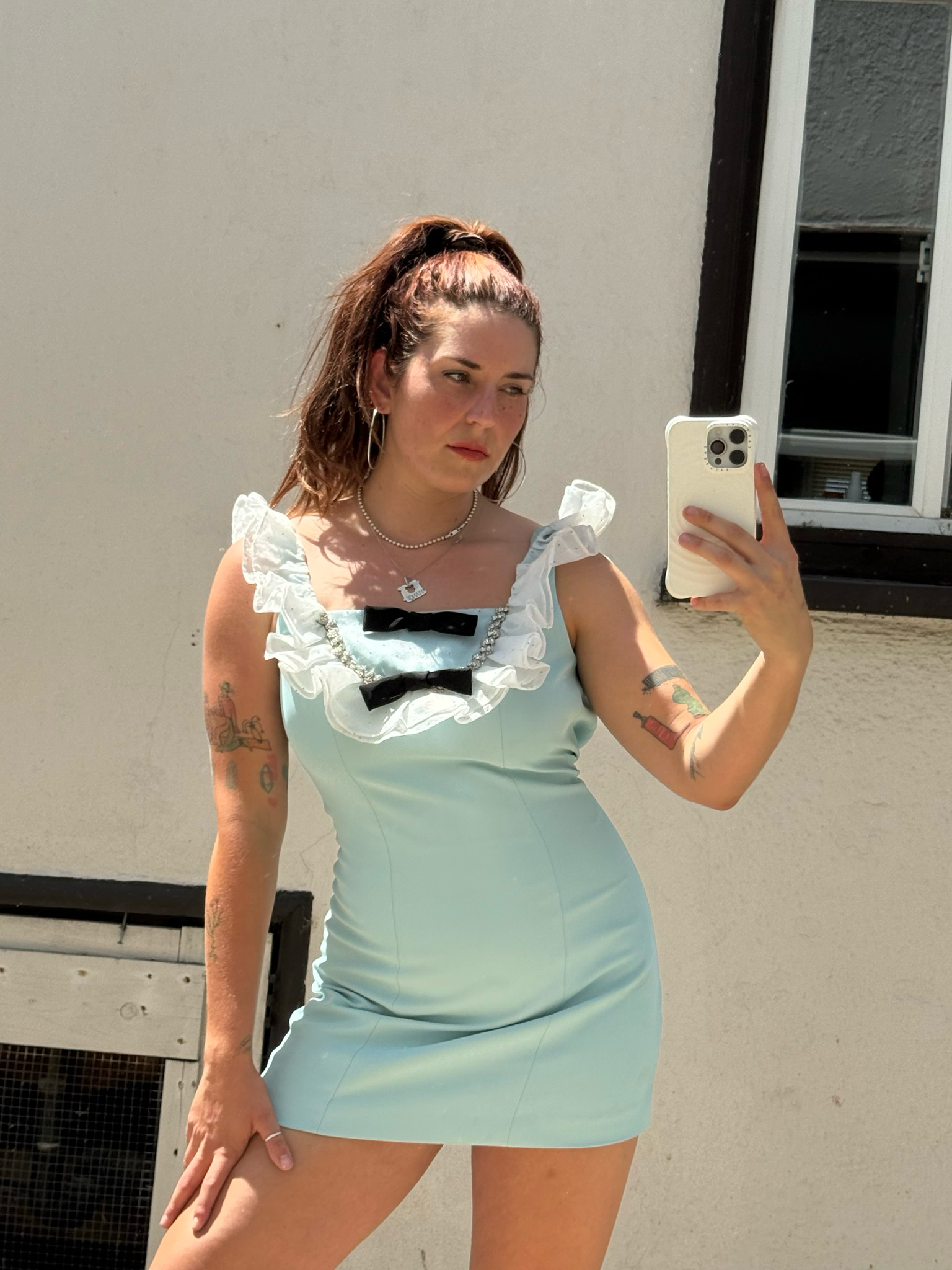 baby blue rhinestone bow mini dress