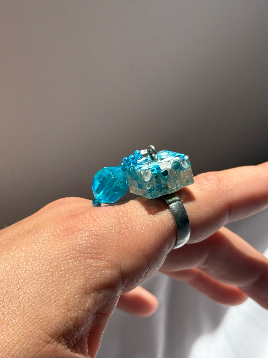 blue glitter resin charm ring