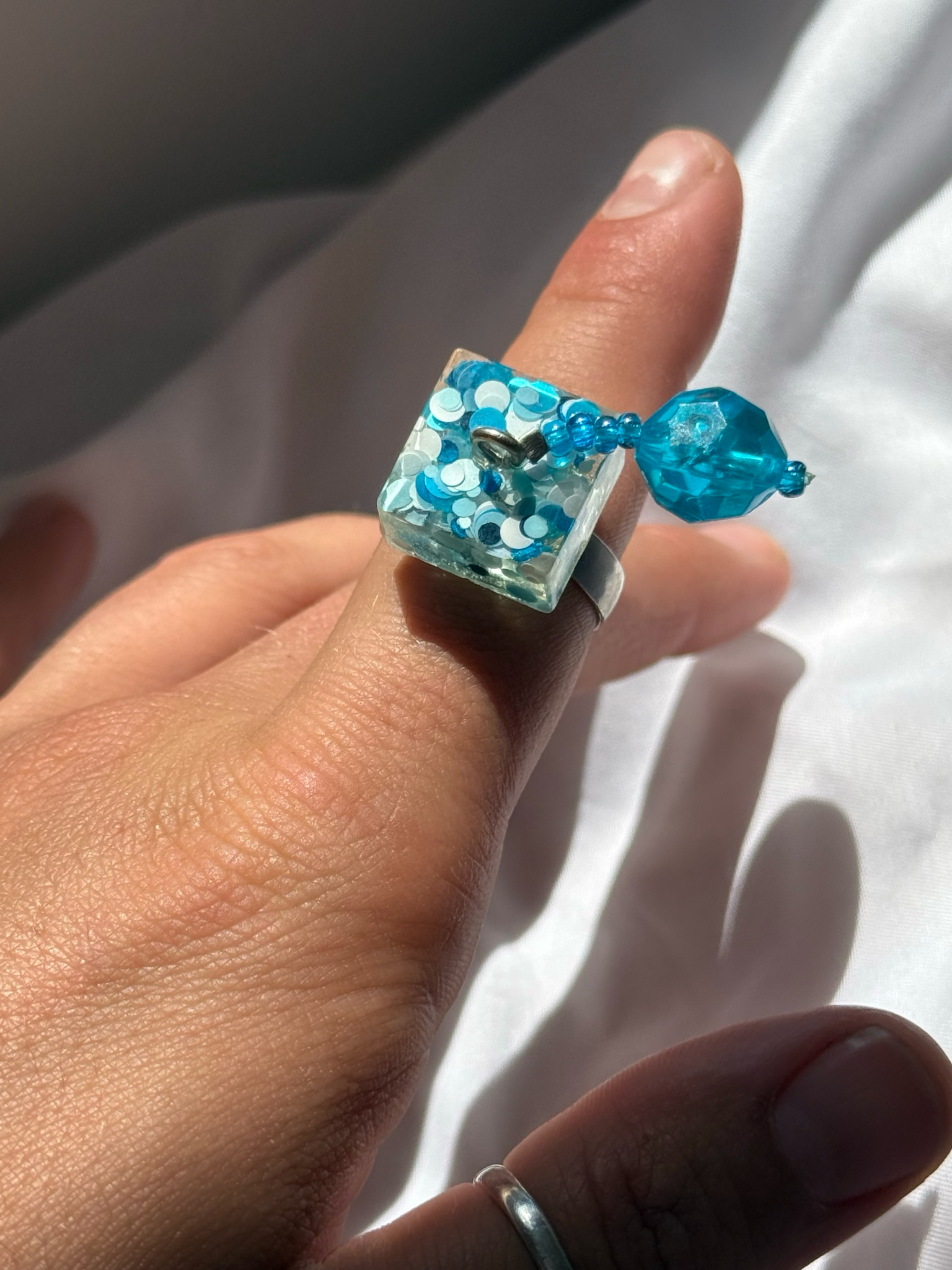 blue glitter resin charm ring