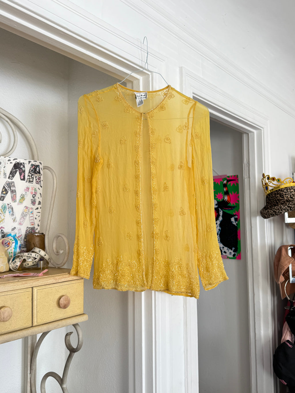 yellow beaded silk sheer blouse