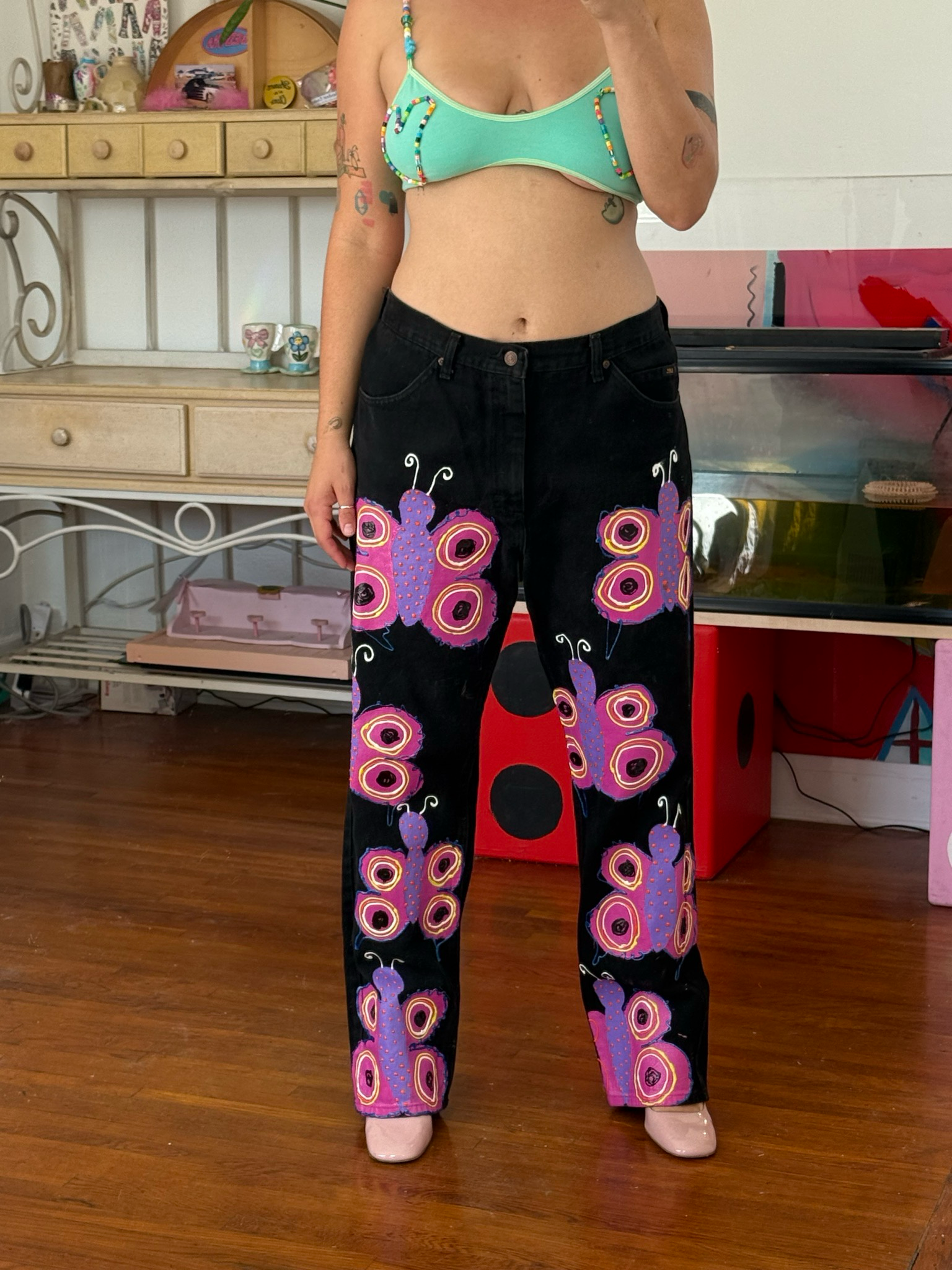 hand painted butterfly pants (38")