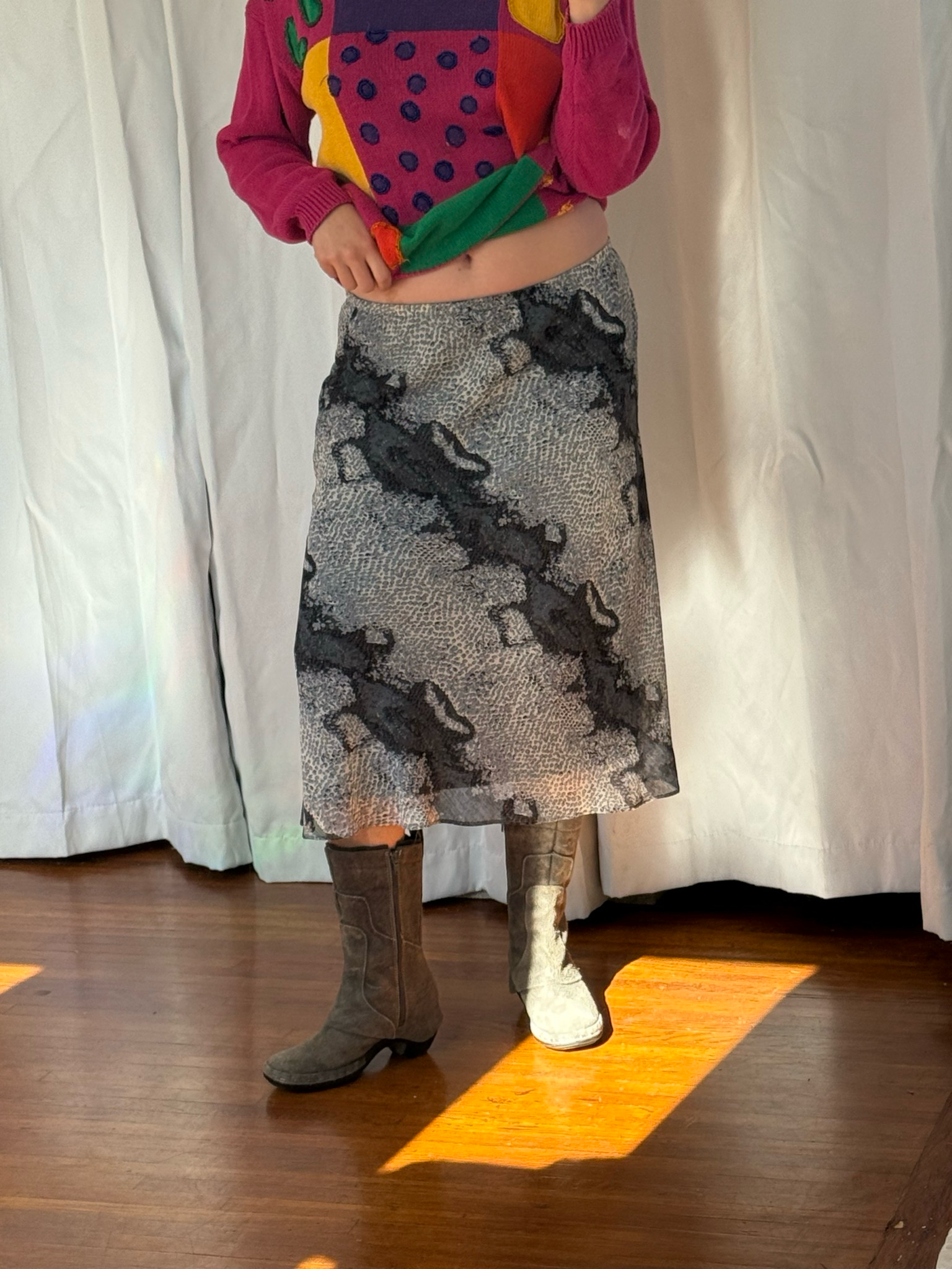 metallic snake midi skirt