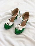✿ green bow pearl mary jane heels • (size 8)