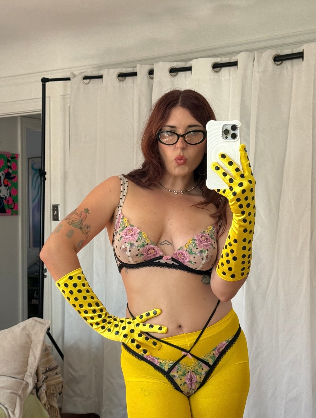 hand-painted yellow polka dot opera gloves