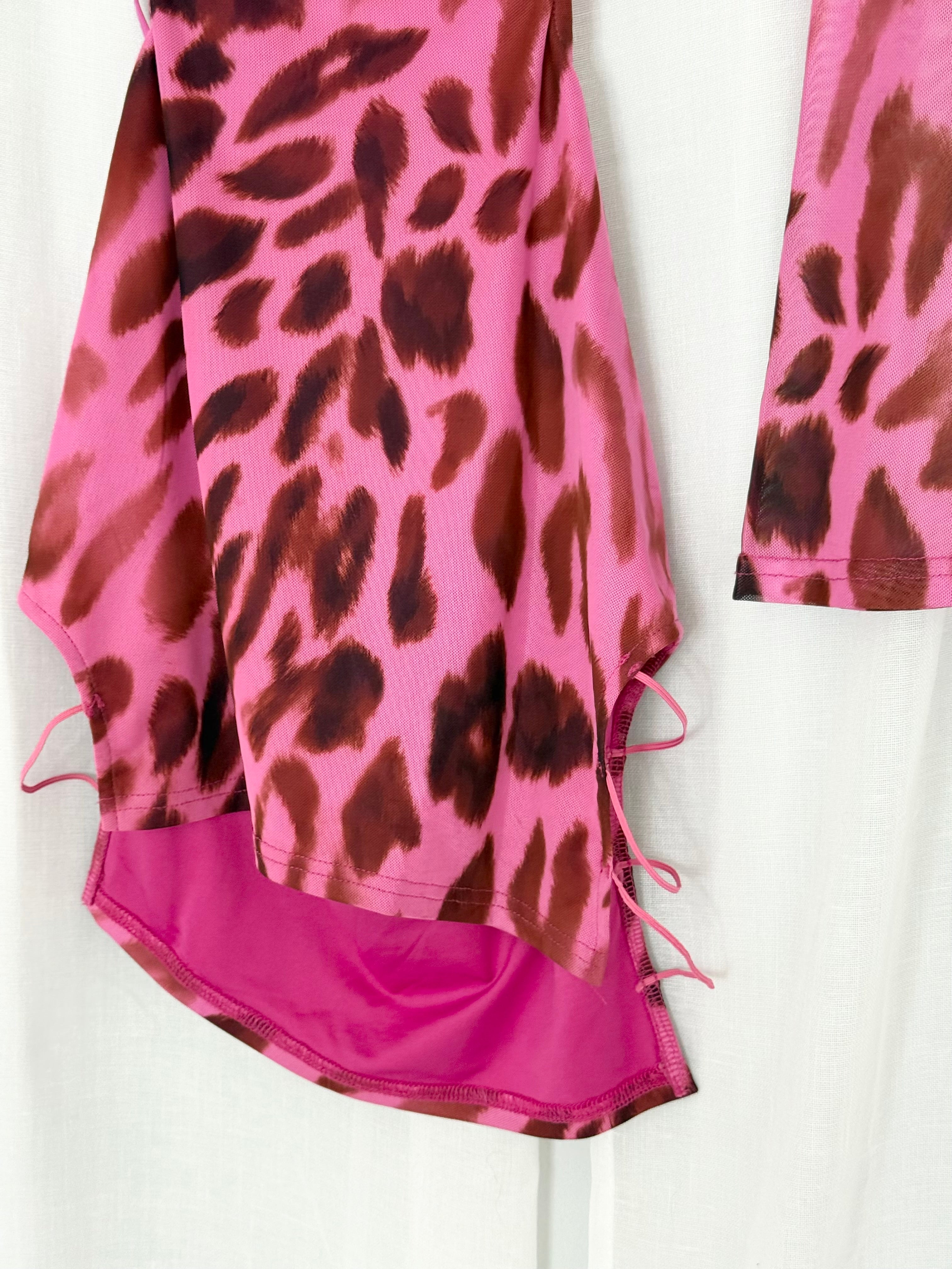 Y2K pink leopard mesh cutout mini dress