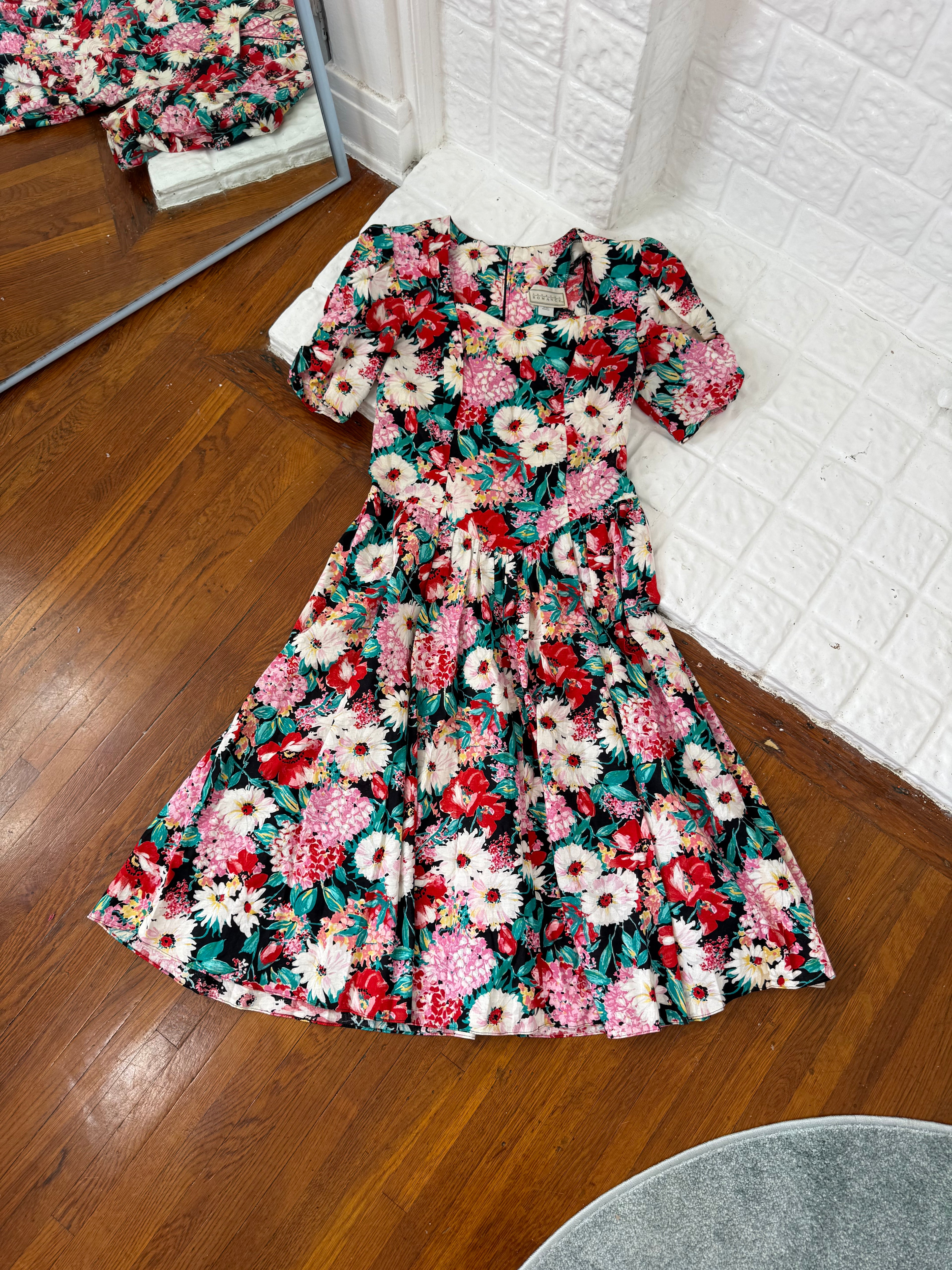 vintage floral puff sleeve midi dress