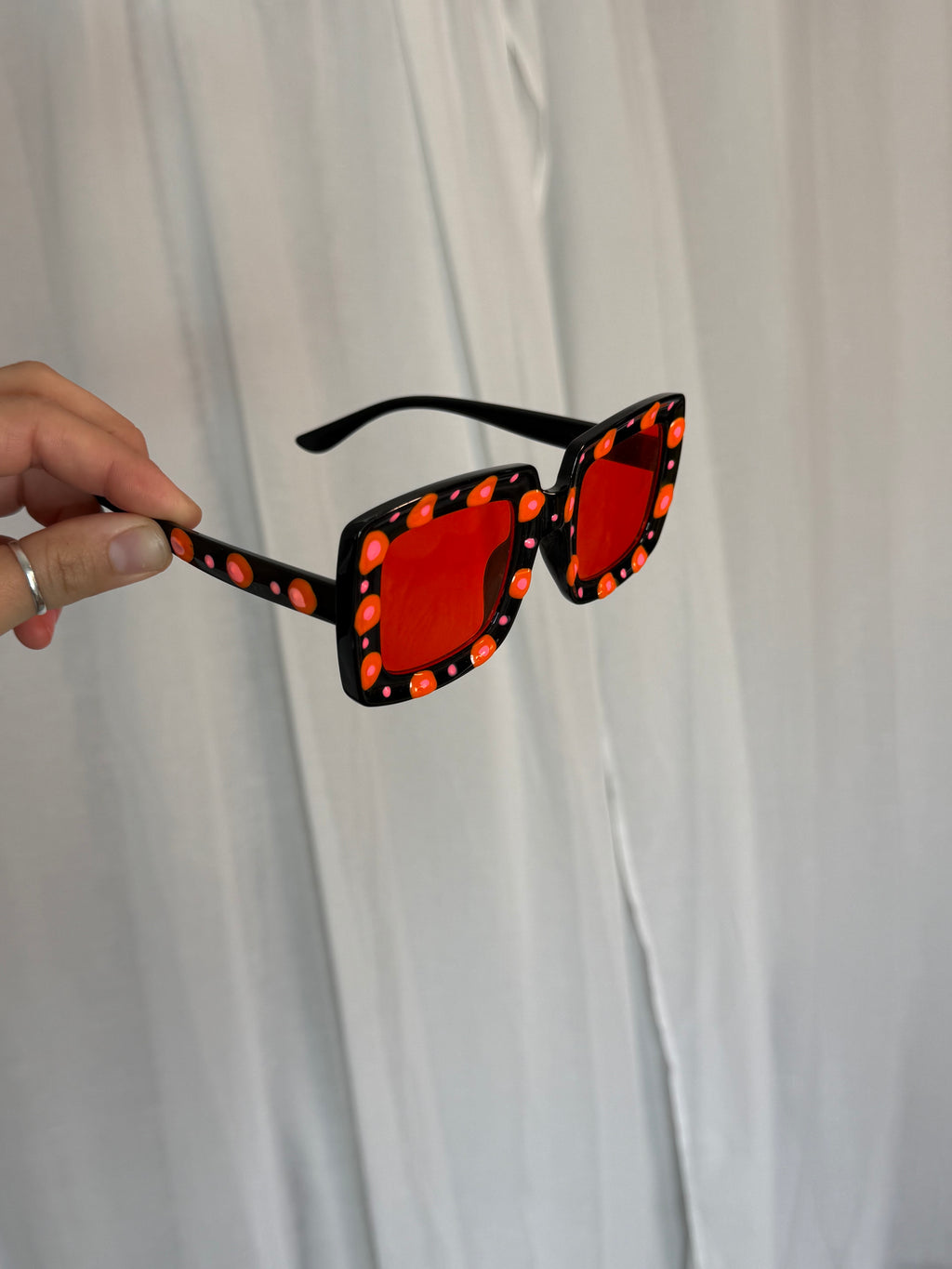 hand painted flame dot red lens statement sunglasses