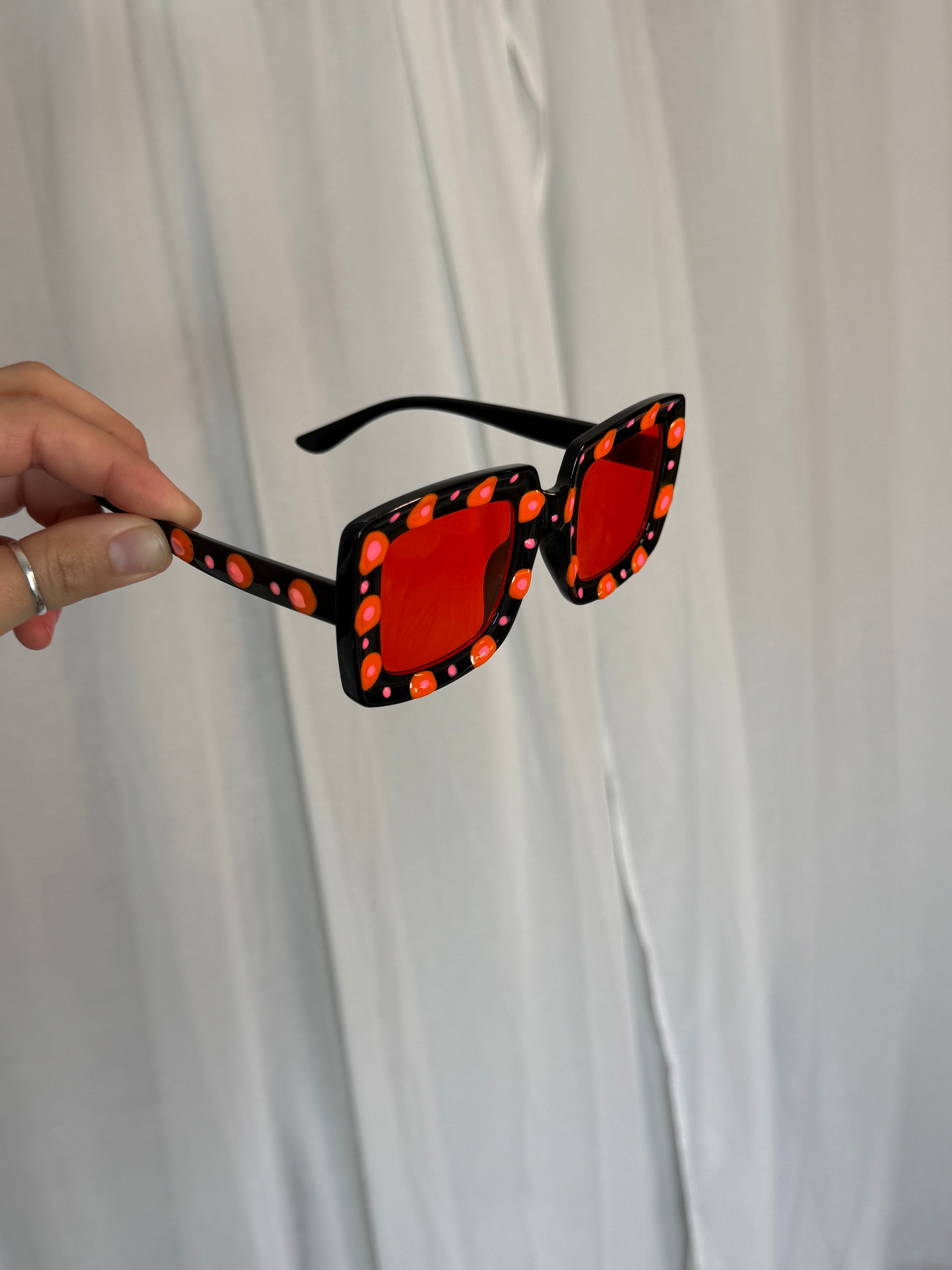 hand painted flame dot red lens statement sunglasses