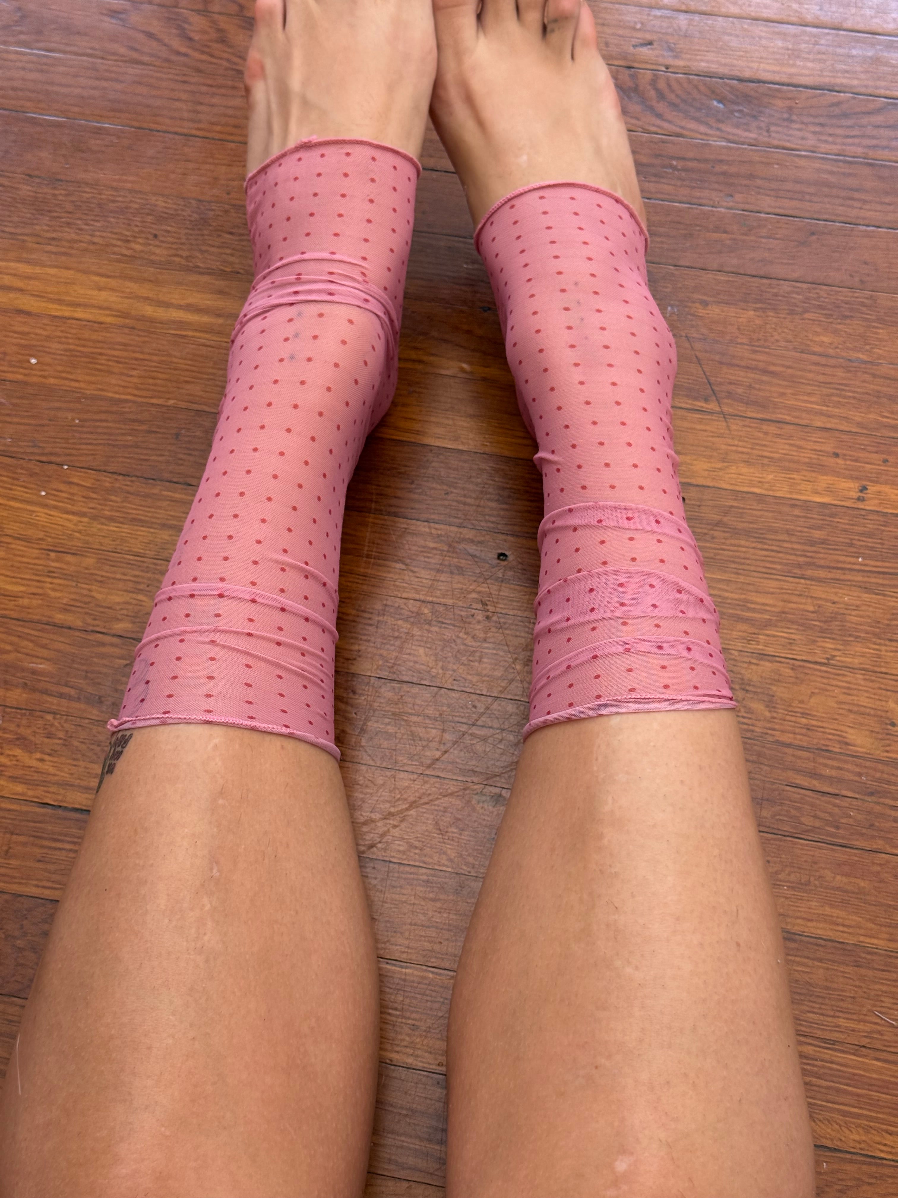 ✿ dusty pink sheer polka dot mesh socks •