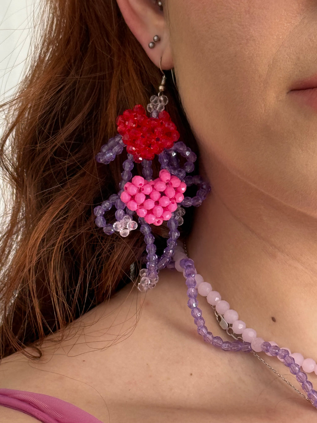 ♡ beaded heart & bow drop earrings ♡