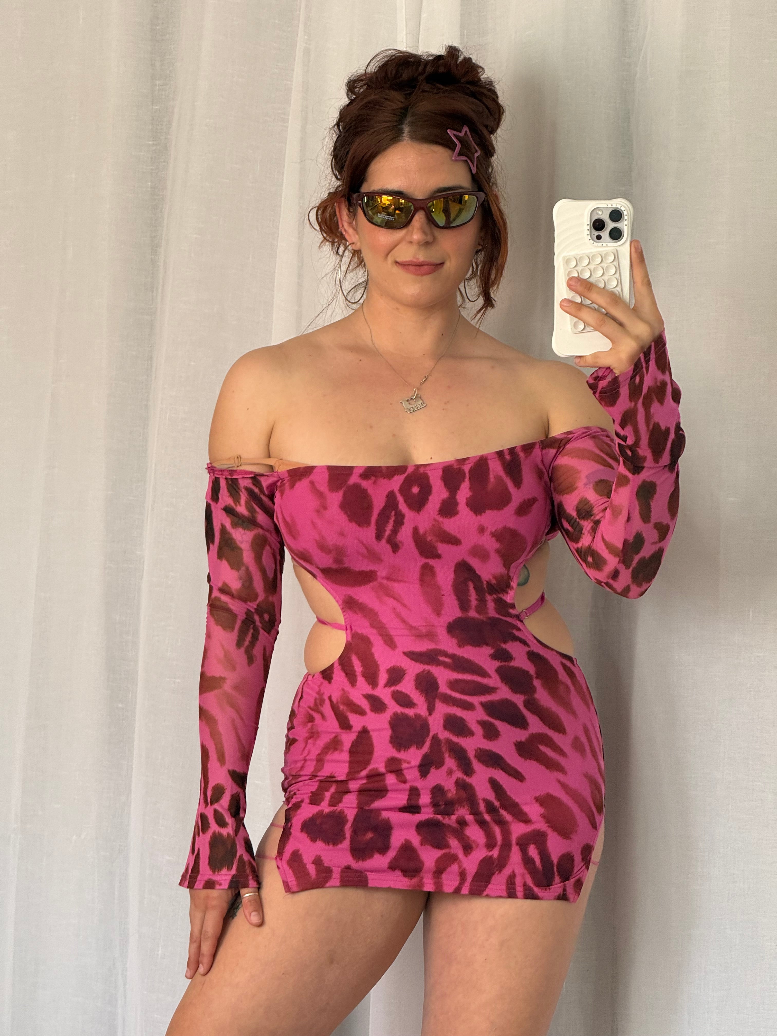 Y2K pink leopard mesh cutout mini dress