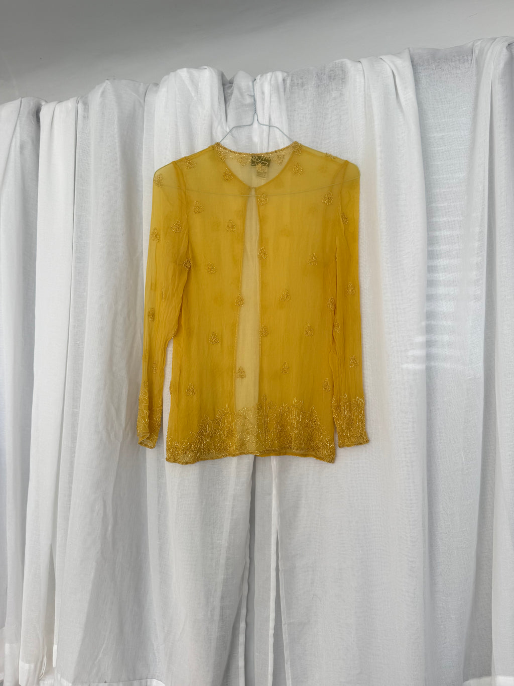 yellow beaded silk sheer blouse