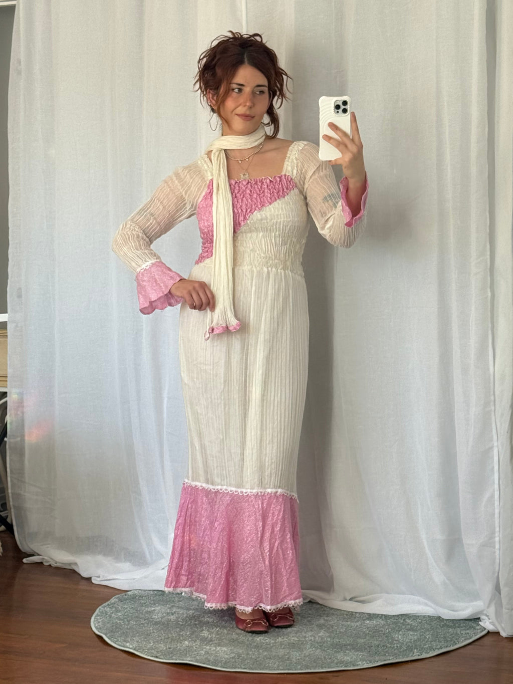 🌸 vintage pink & cream smocked maxi dress + scarf