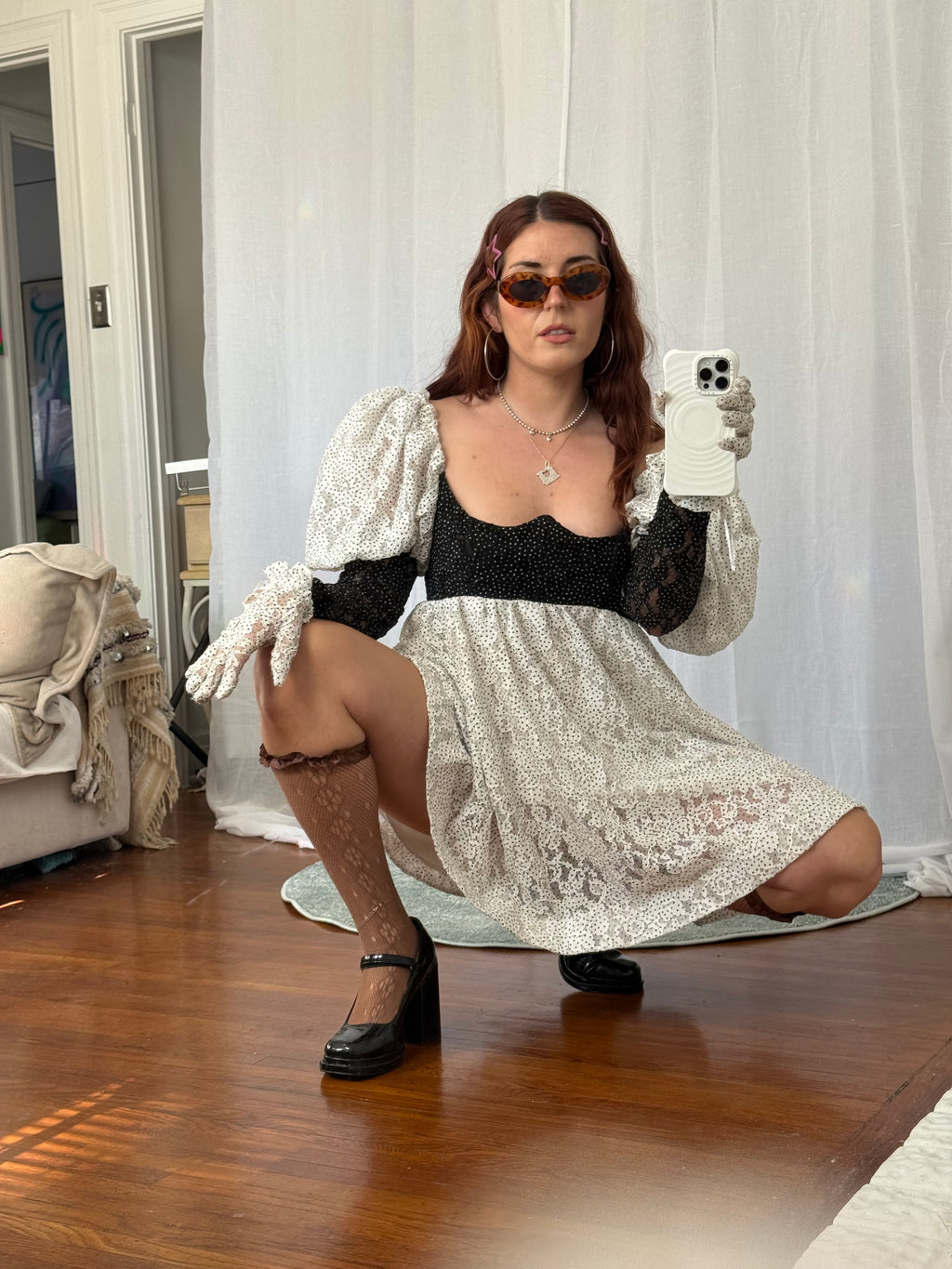 ✿ for love & lemons lace polka dot babydoll dress + gloves ✿