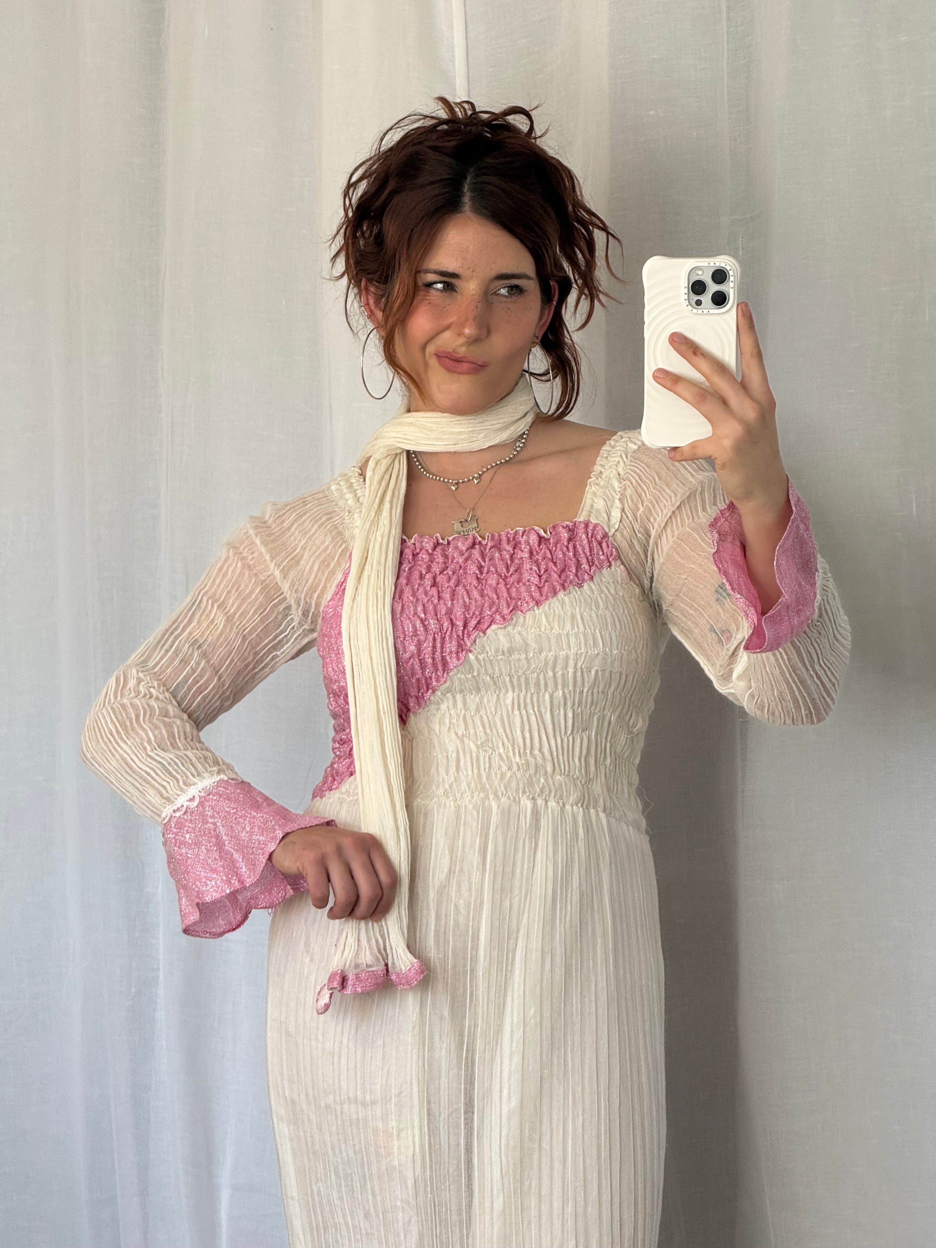 🌸 vintage pink & cream smocked maxi dress + scarf