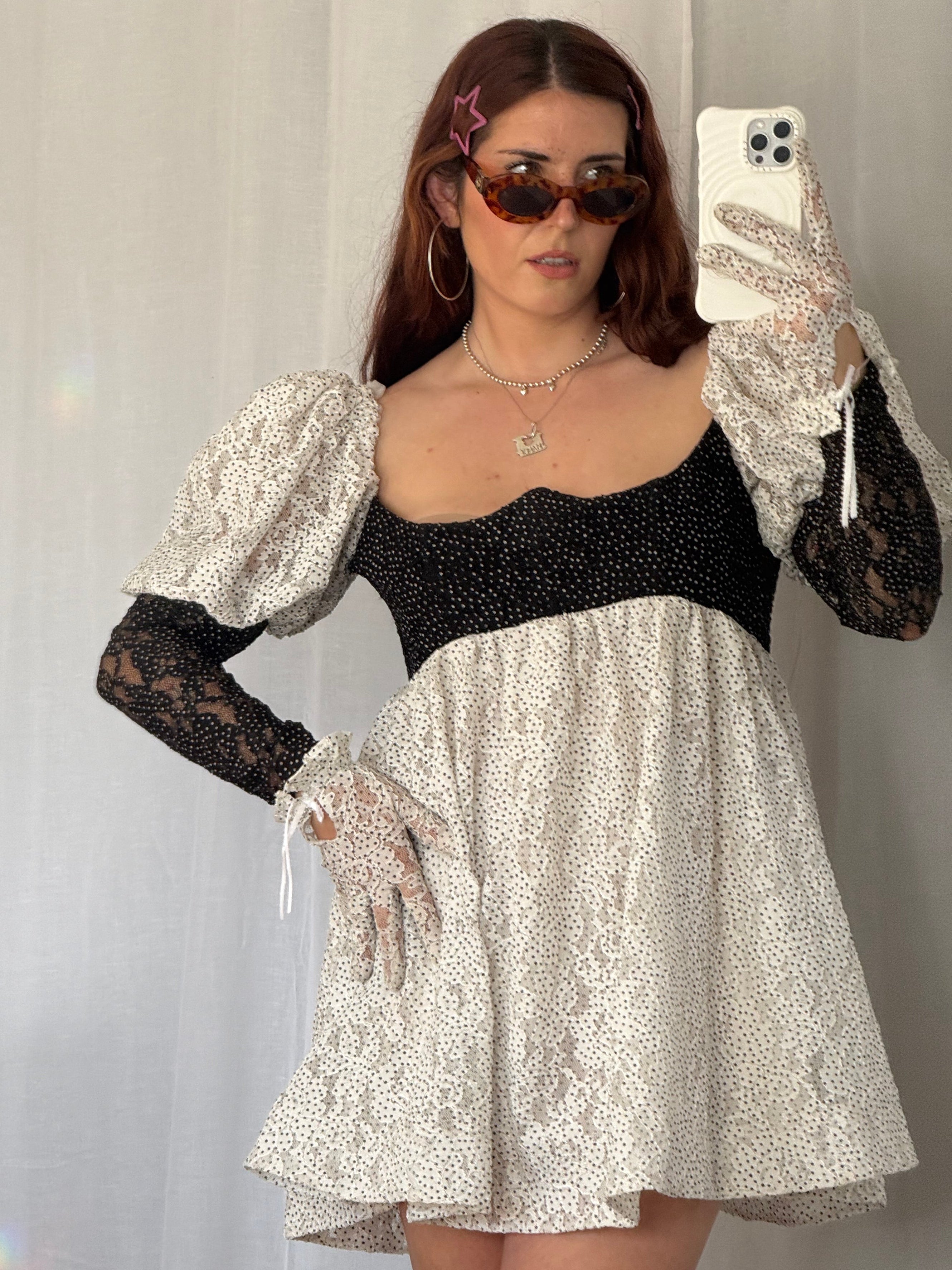 ✿ for love & lemons lace polka dot babydoll dress + gloves ✿