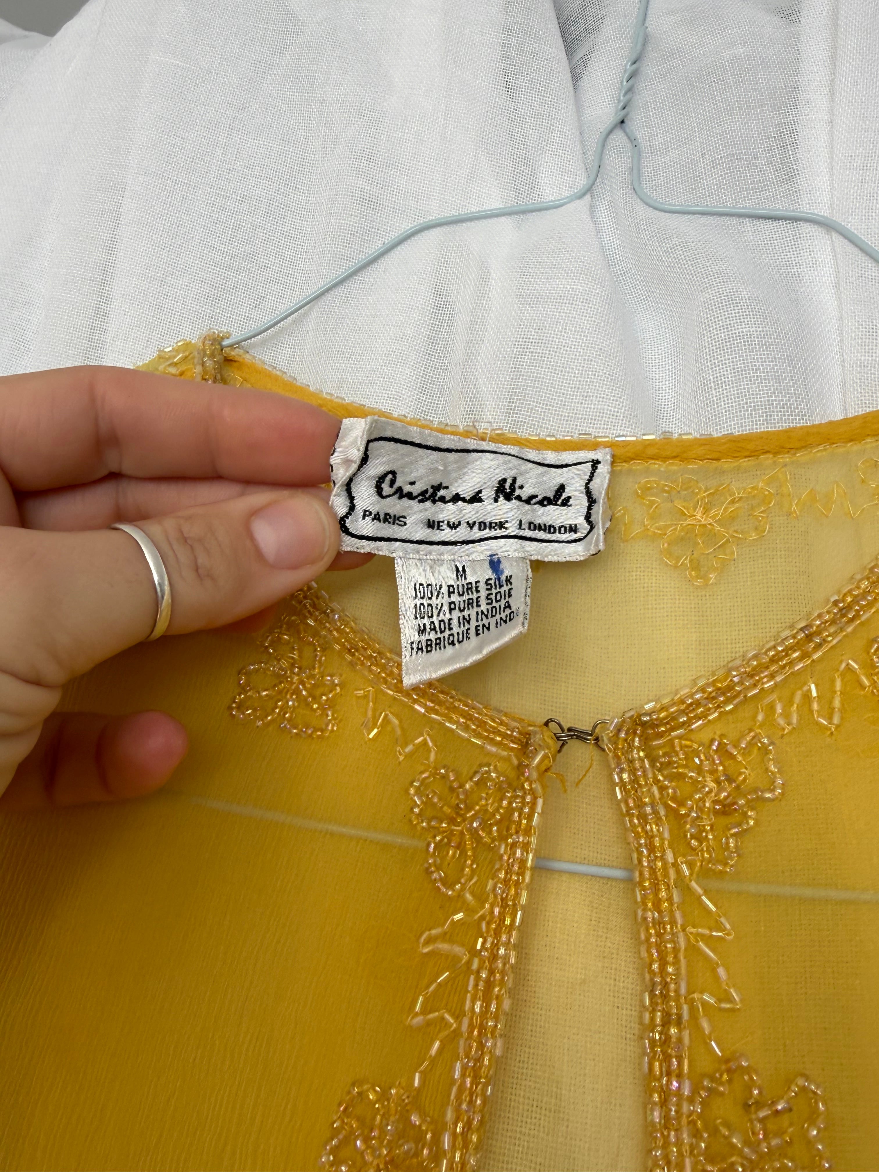 yellow beaded silk sheer blouse