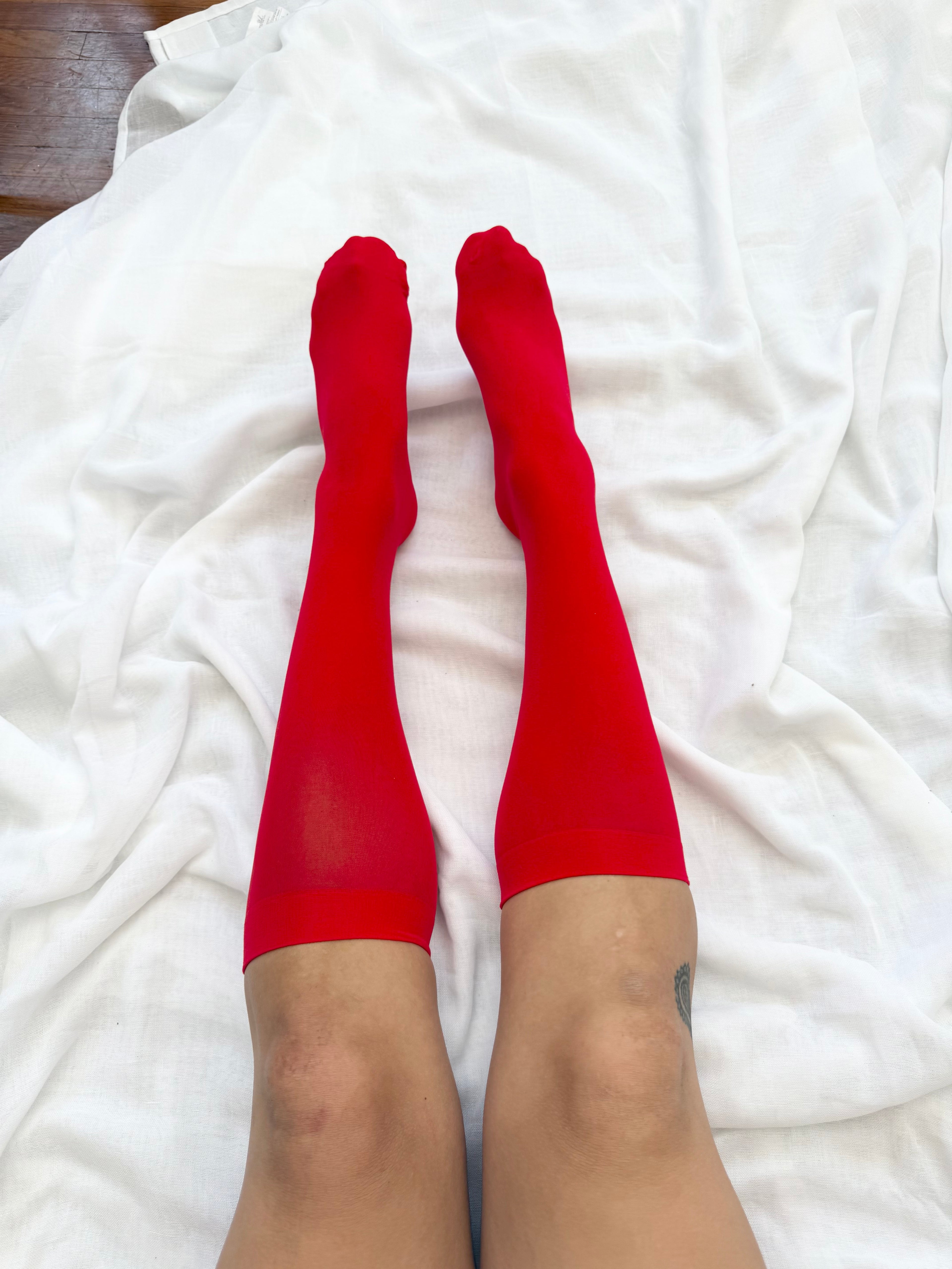 ✿ cherry red sheer knee high socks •