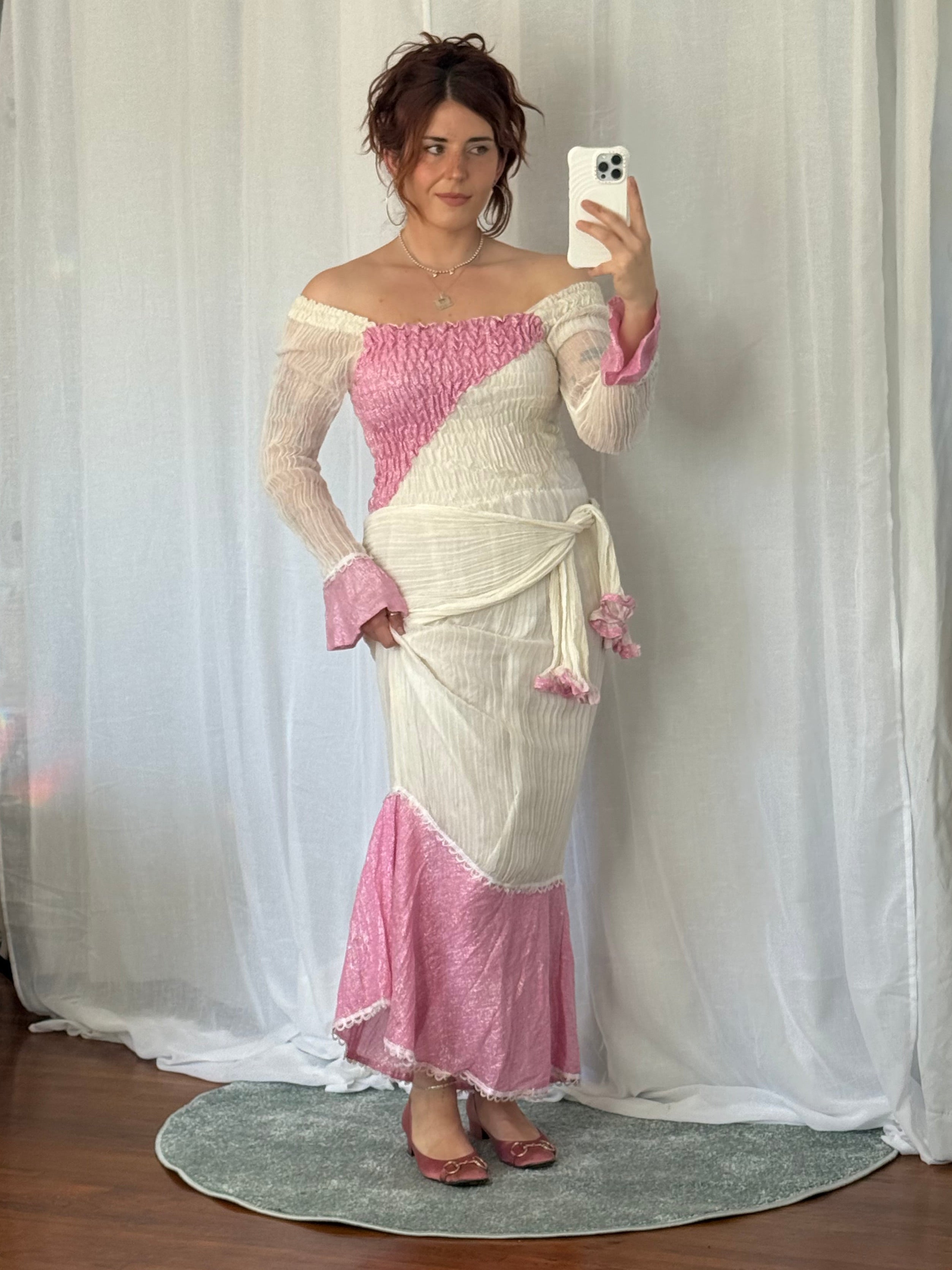 🌸 vintage pink & cream smocked maxi dress + scarf