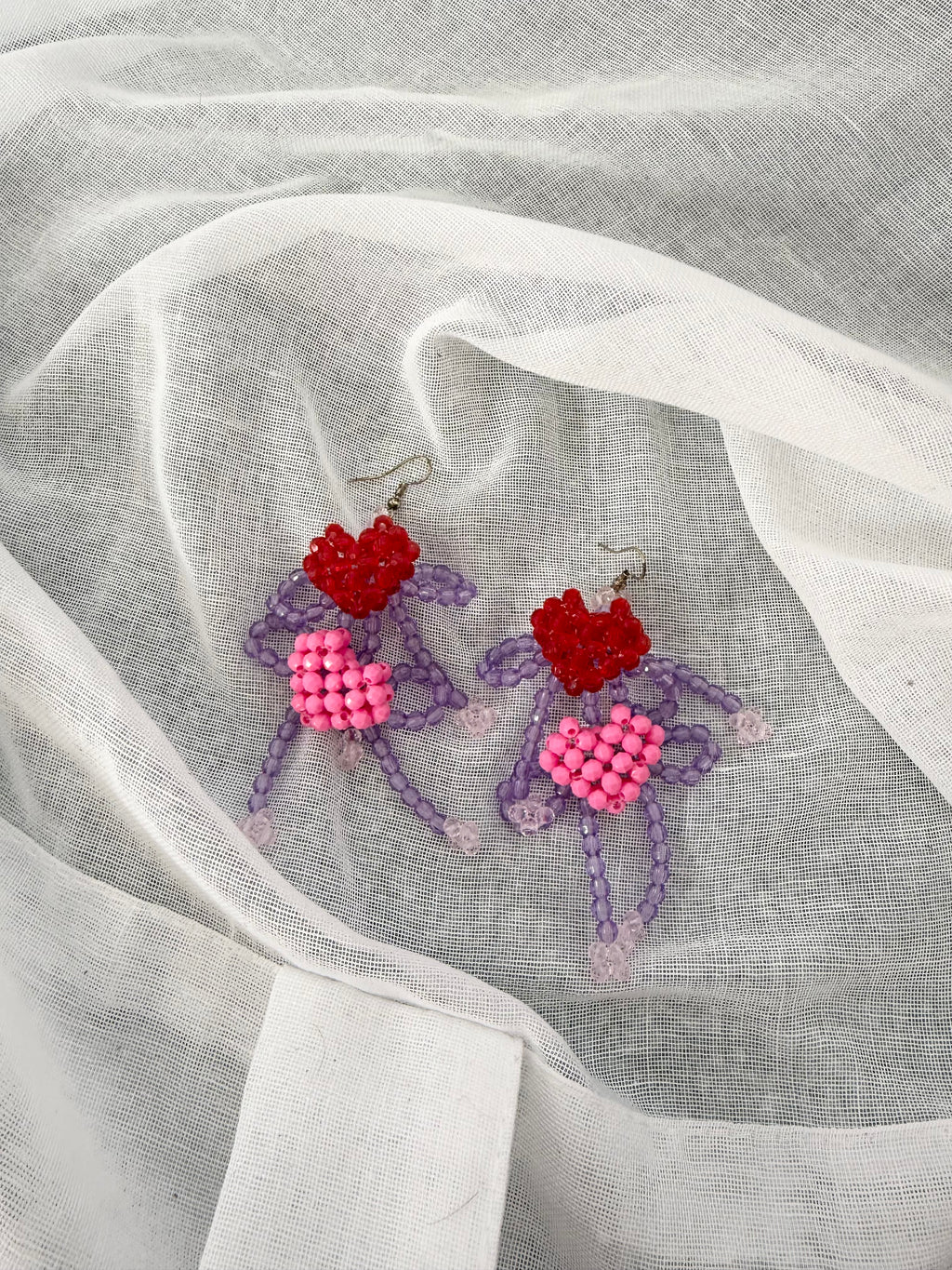 ♡ beaded heart & bow drop earrings ♡