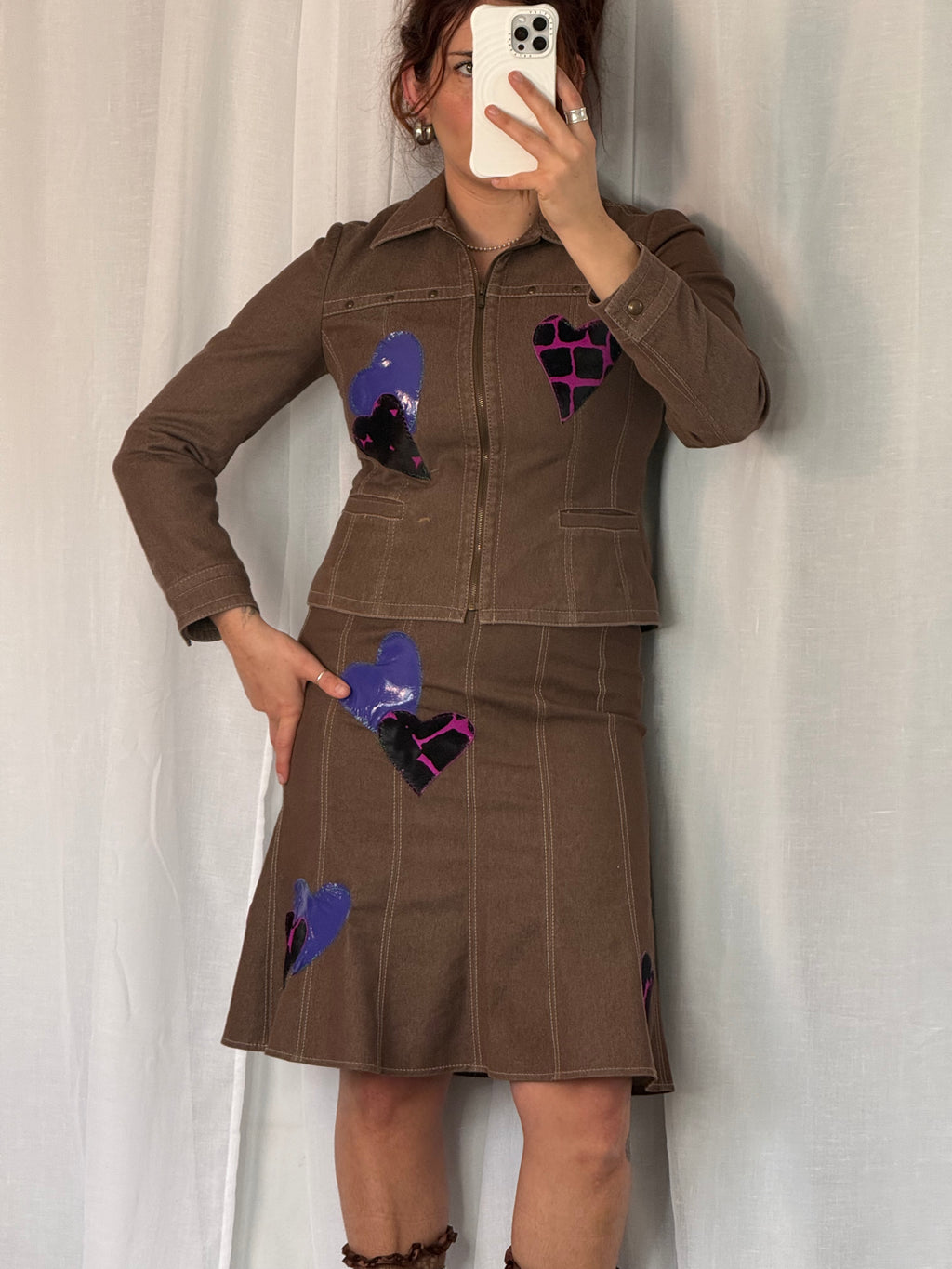 reworked Y2K studded denim heart set 💜