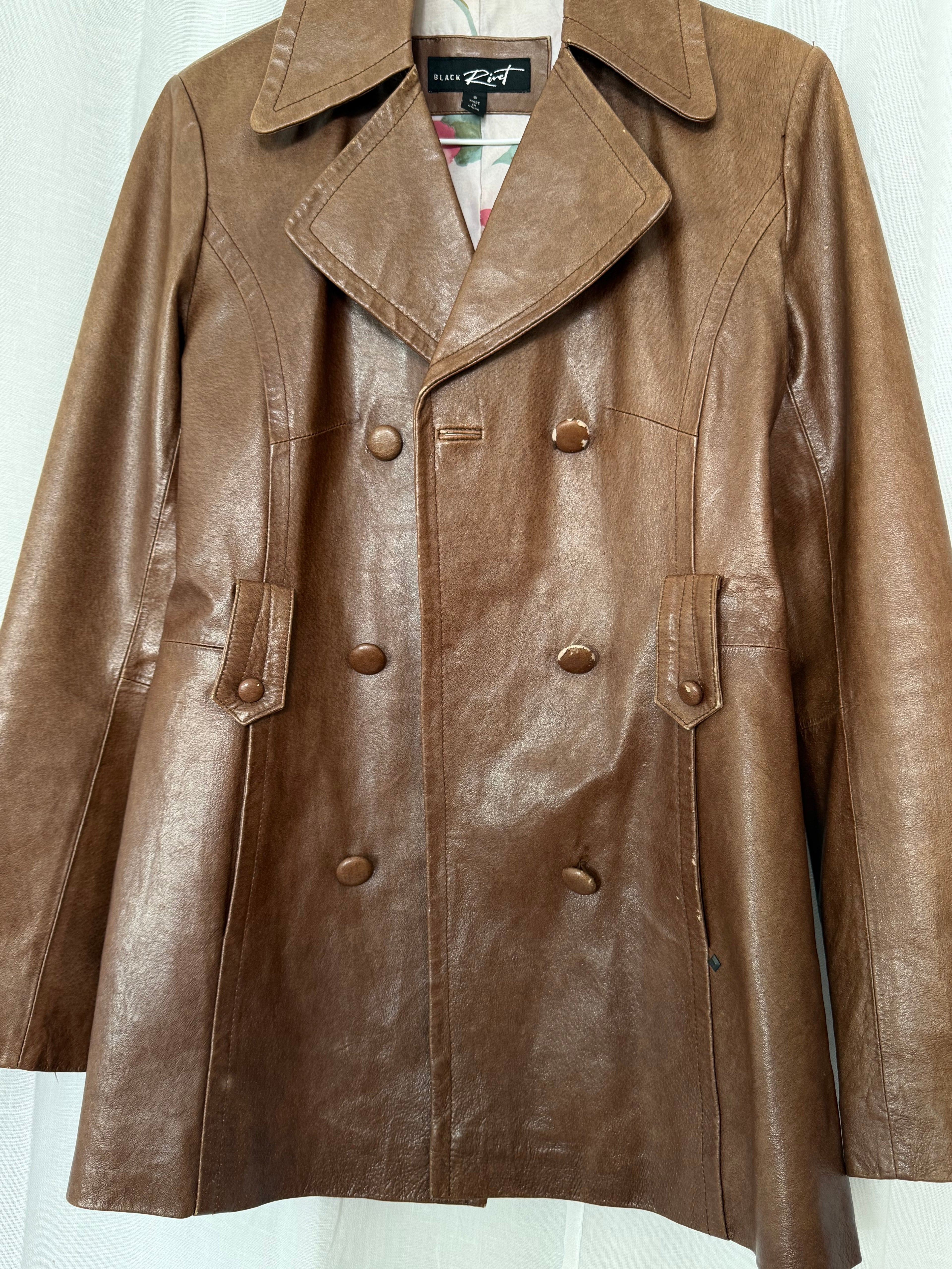 vintage Y2K brown faux leather peacoat jacket