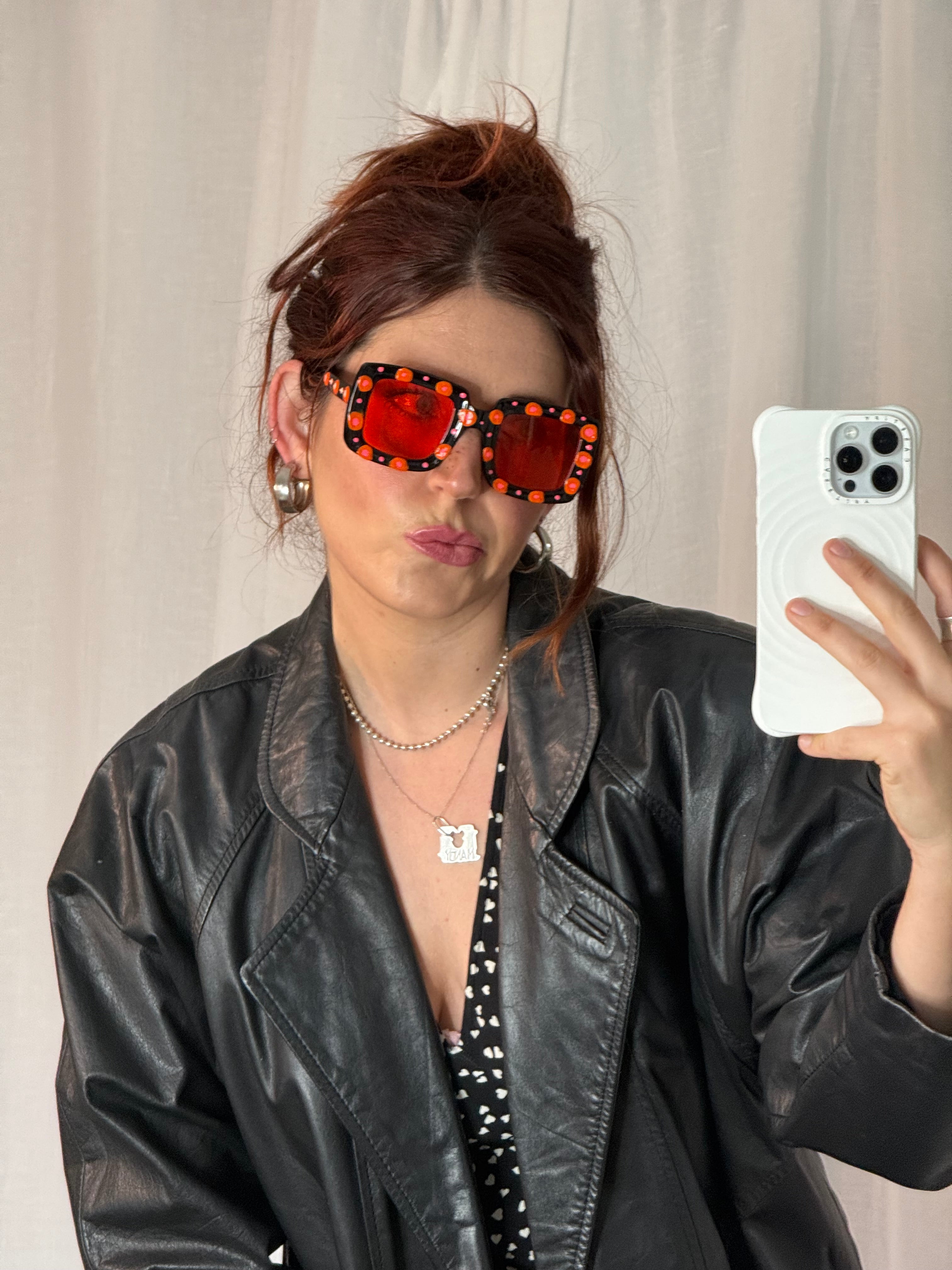 hand painted flame dot red lens statement sunglasses