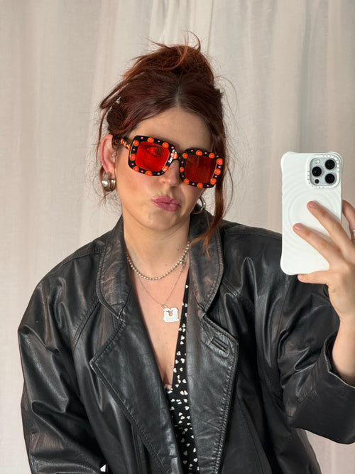 hand painted flame dot red lens statement sunglasses