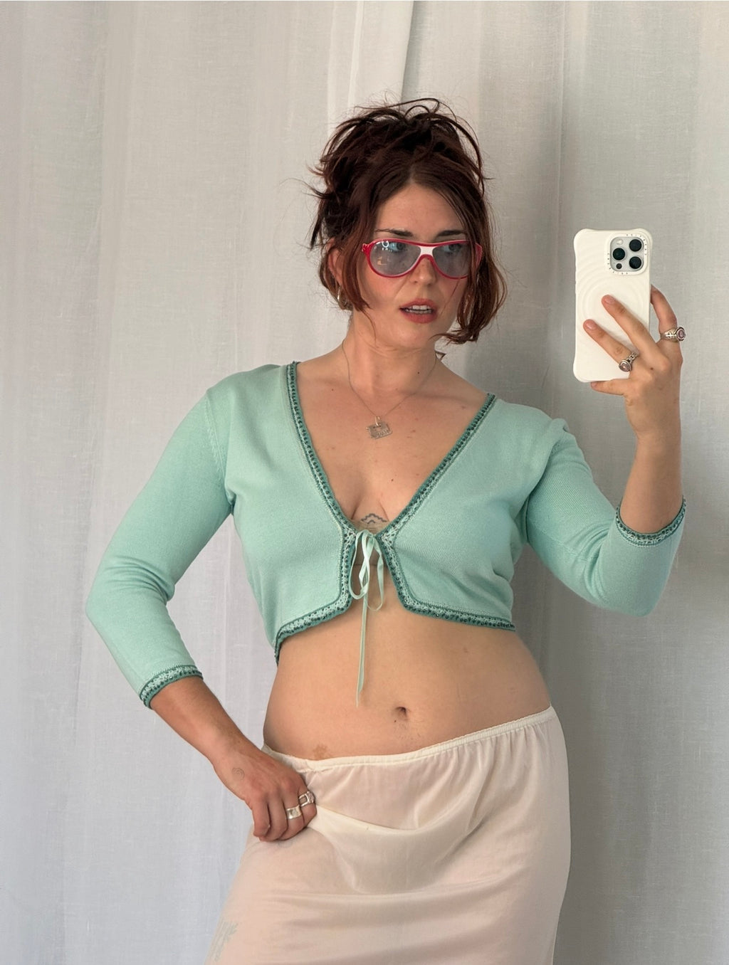 vintage Y2K mint green tie front cardigan