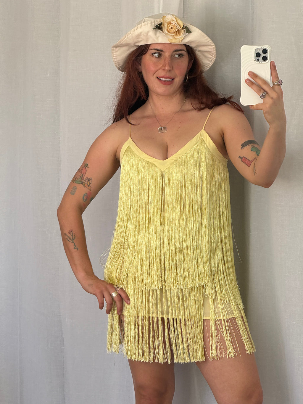 butter yellow fringe mini dress