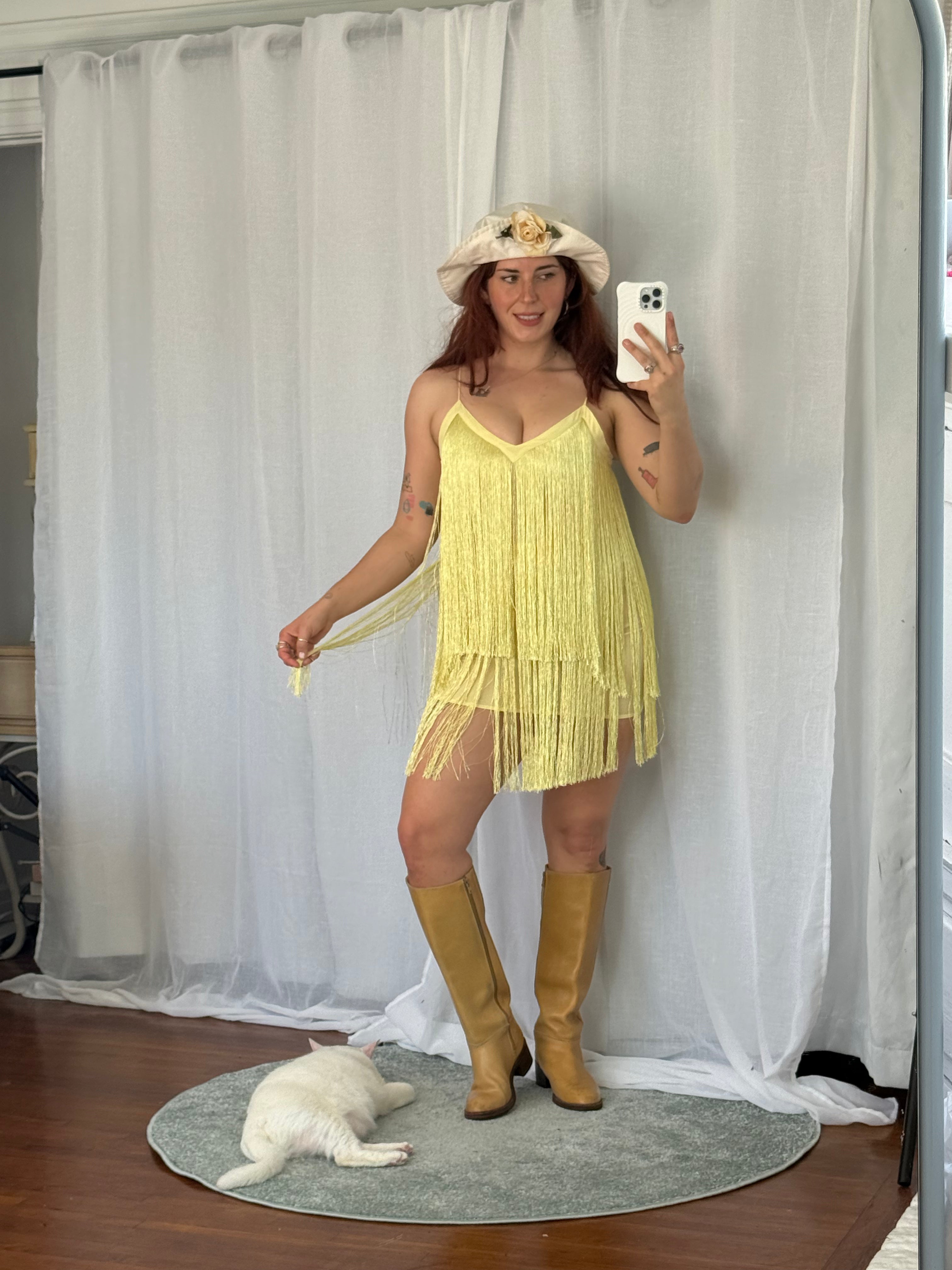 butter yellow fringe mini dress