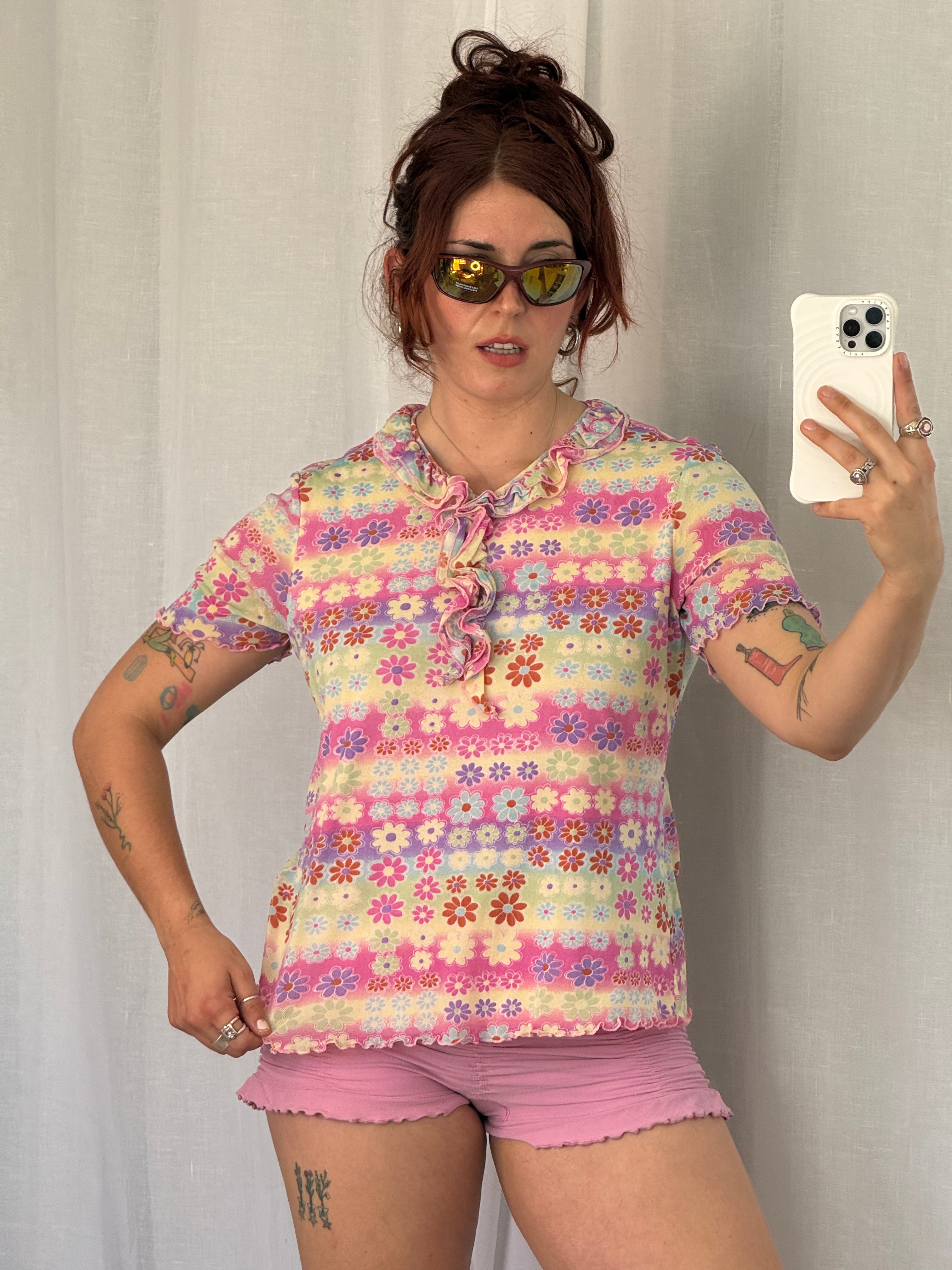 ✿ Y2Kfloral mesh ruffle top pastel blouse