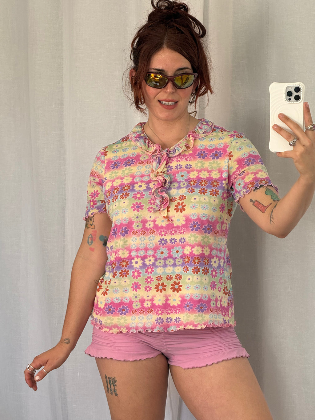 ✿ Y2Kfloral mesh ruffle top pastel blouse