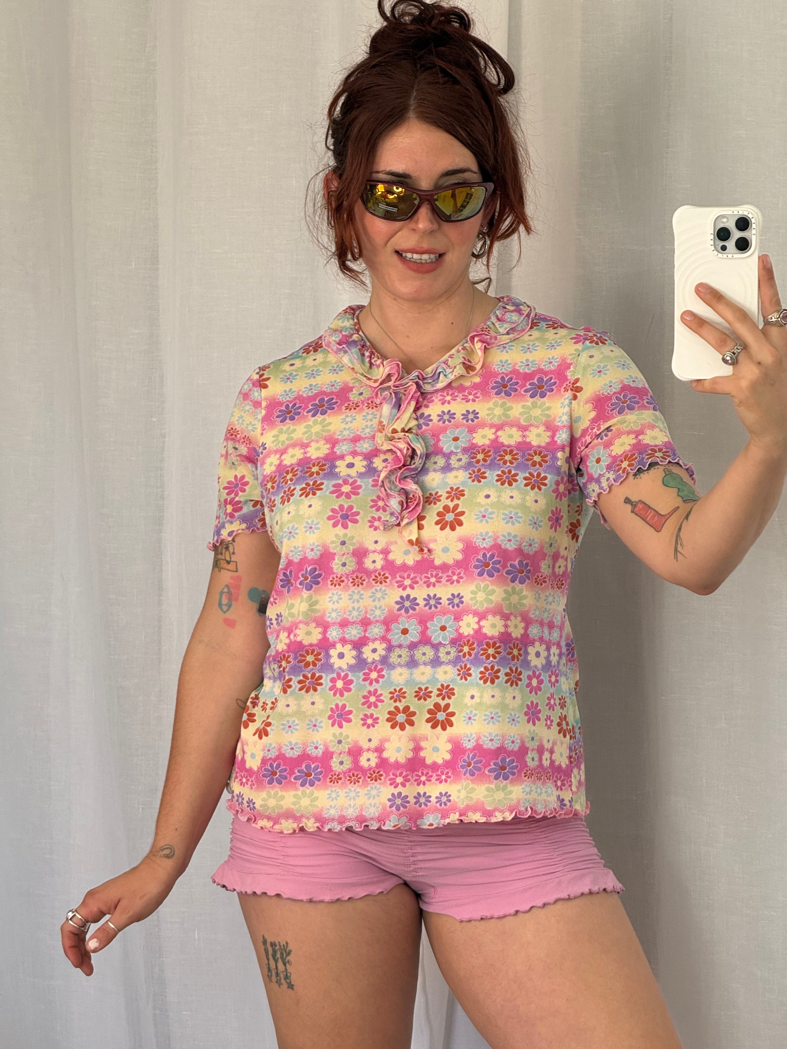 ✿ Y2Kfloral mesh ruffle top pastel blouse