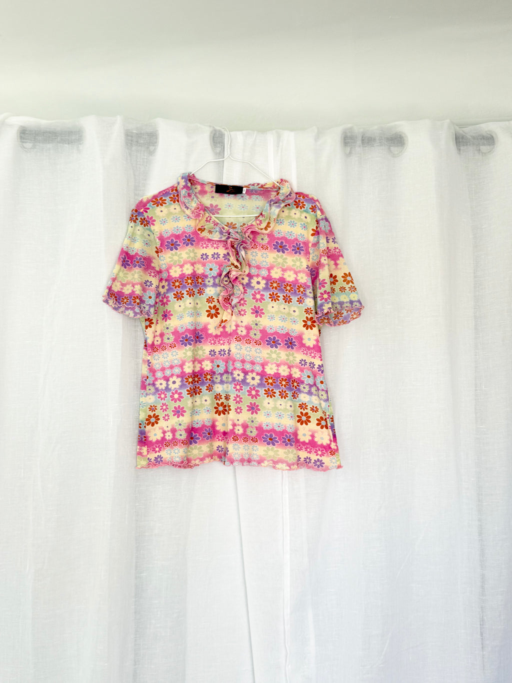 ✿ Y2Kfloral mesh ruffle top pastel blouse