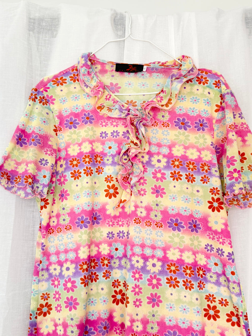✿ Y2Kfloral mesh ruffle top pastel blouse