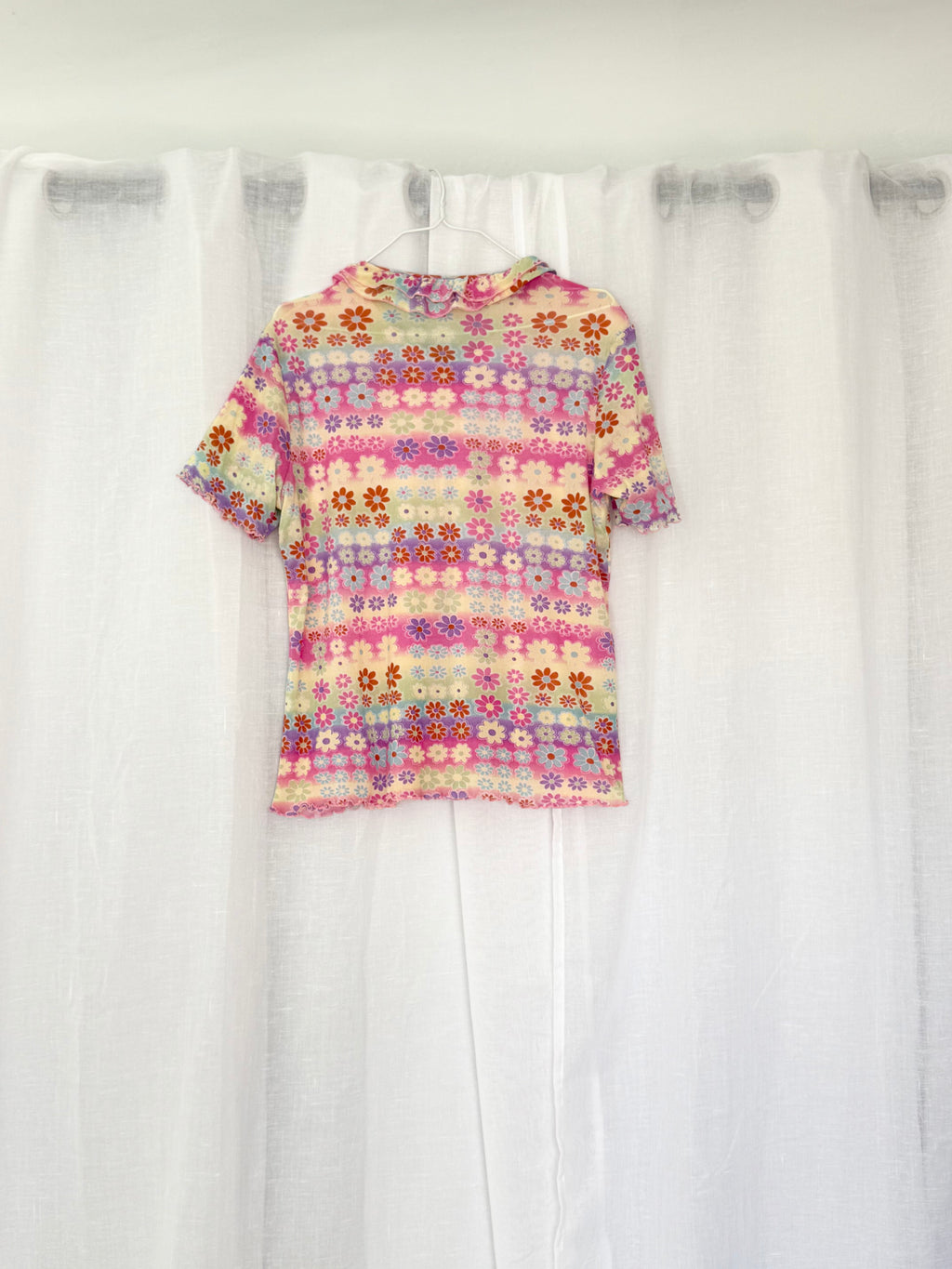 ✿ Y2Kfloral mesh ruffle top pastel blouse