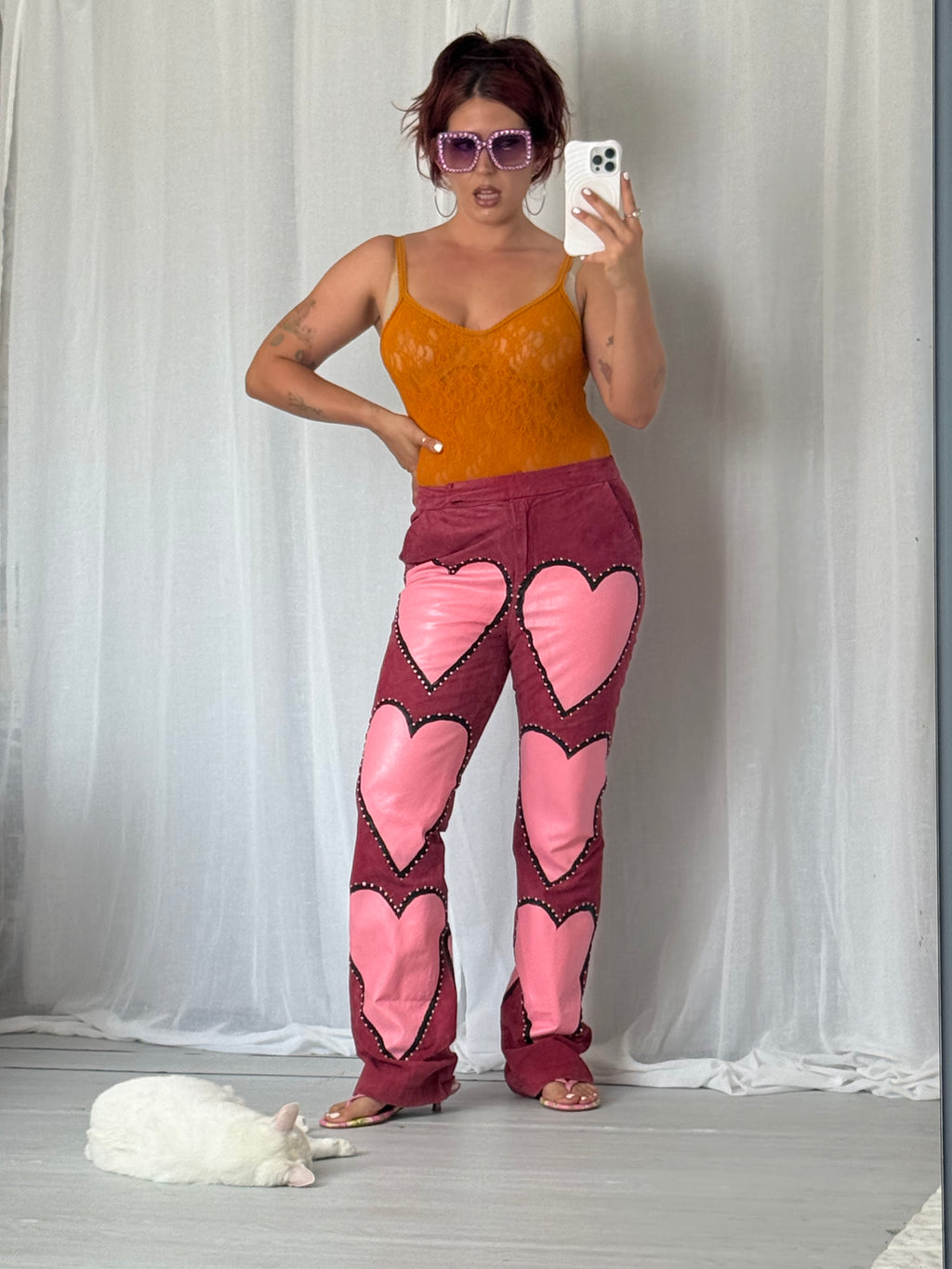 hand painted pink heart suede leather pants (32")