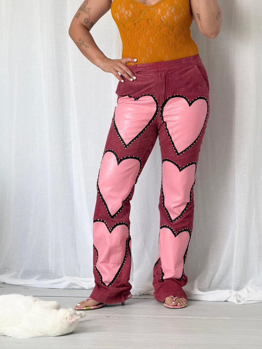hand painted pink heart suede leather pants (32")