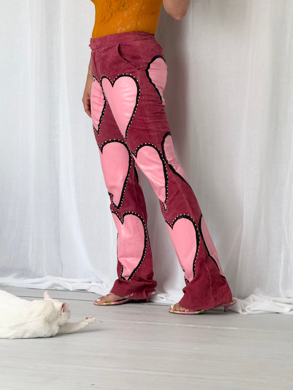 hand painted pink heart suede leather pants (32")